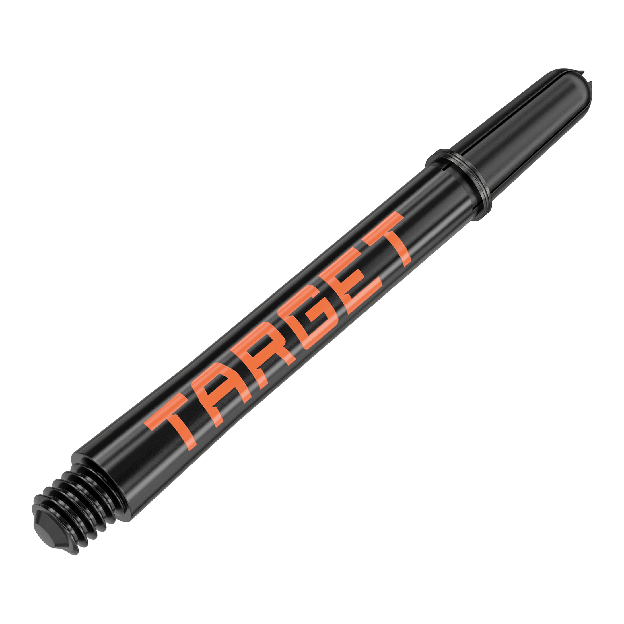 Aste Target Pro Grip TAG - 3 set - Nero Arancione Das Bild zeigt einen schwarzen Dart-Schaft mit orangener Aufschrift "TARGET". Der Schaft hat eine Länge von 48 mm und ist für den Dartsport geeignet.