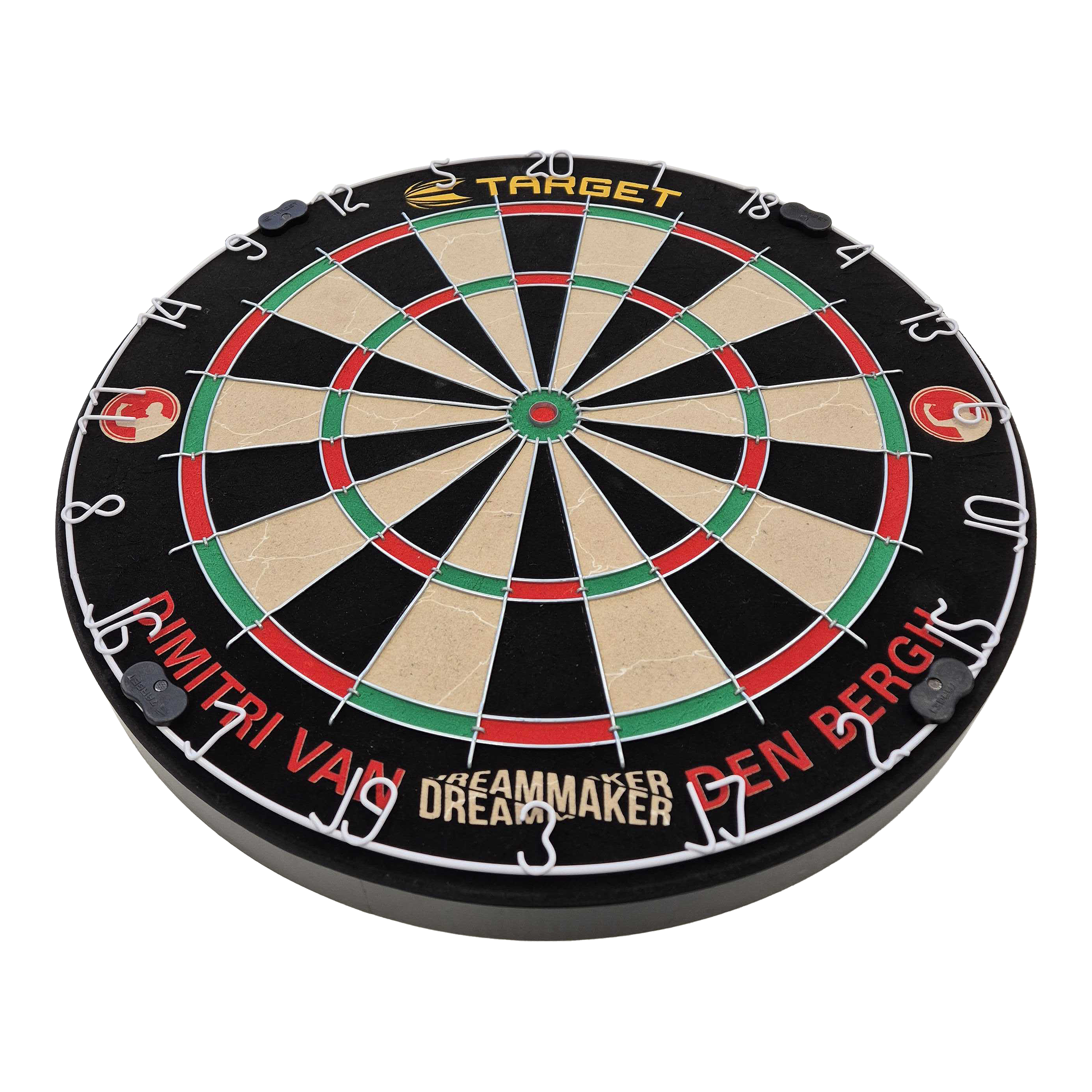 Set di bersagli in acciaio Target Dimitri Van Den Bergh Das Bild zeigt eine Steeldart-Scheibe mit farbigen Feldern und Metallabtrennungen. Am Rand steht der Name "Dimitri Van Den Bergh" sowie der Schriftzug "Dreammaker".