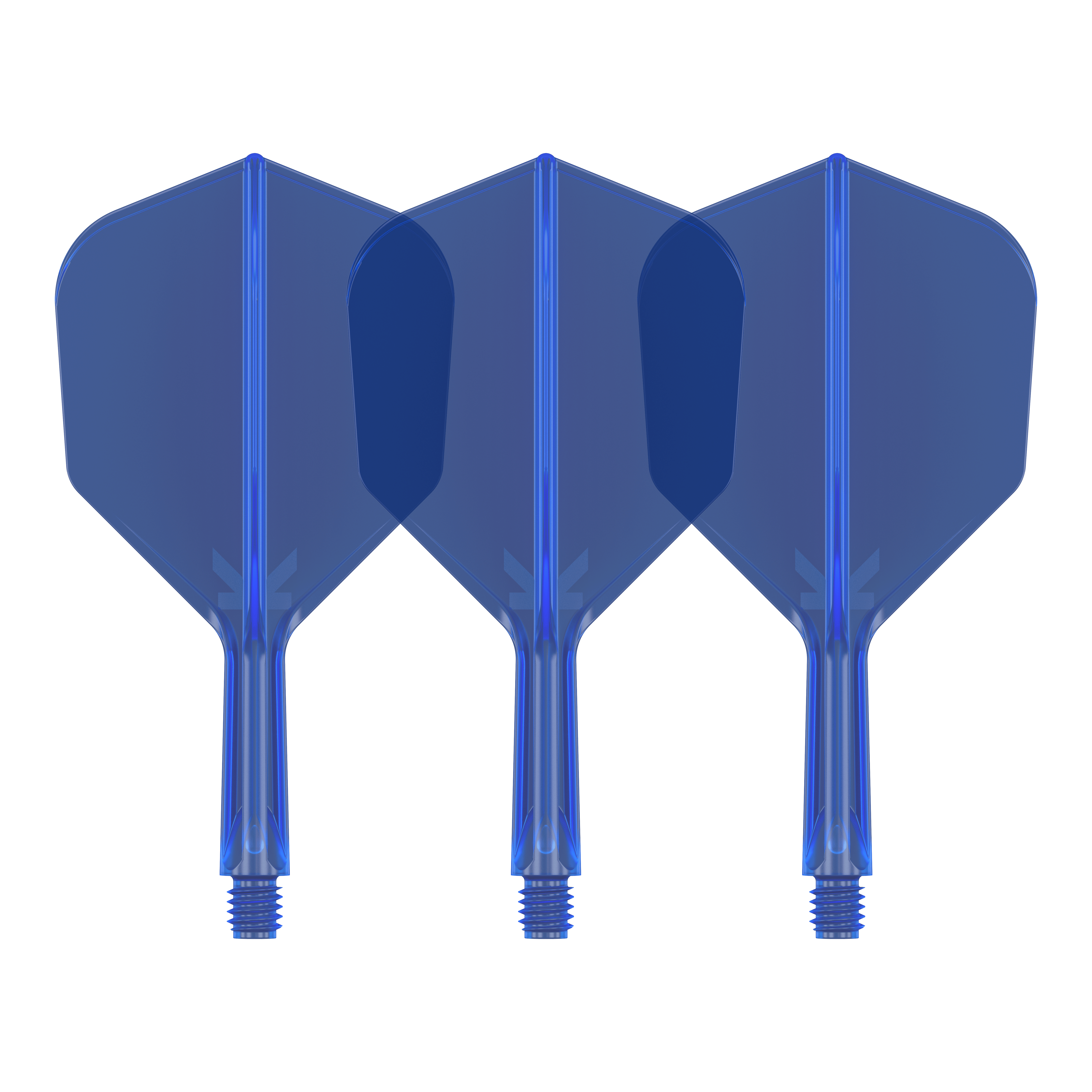 Sistema di volo Target K-Flex No6 - Blu Auf dem Bild sind drei blaue Dartflights zu sehen. Sie stehen nebeneinander und haben eine sechseckige Form.