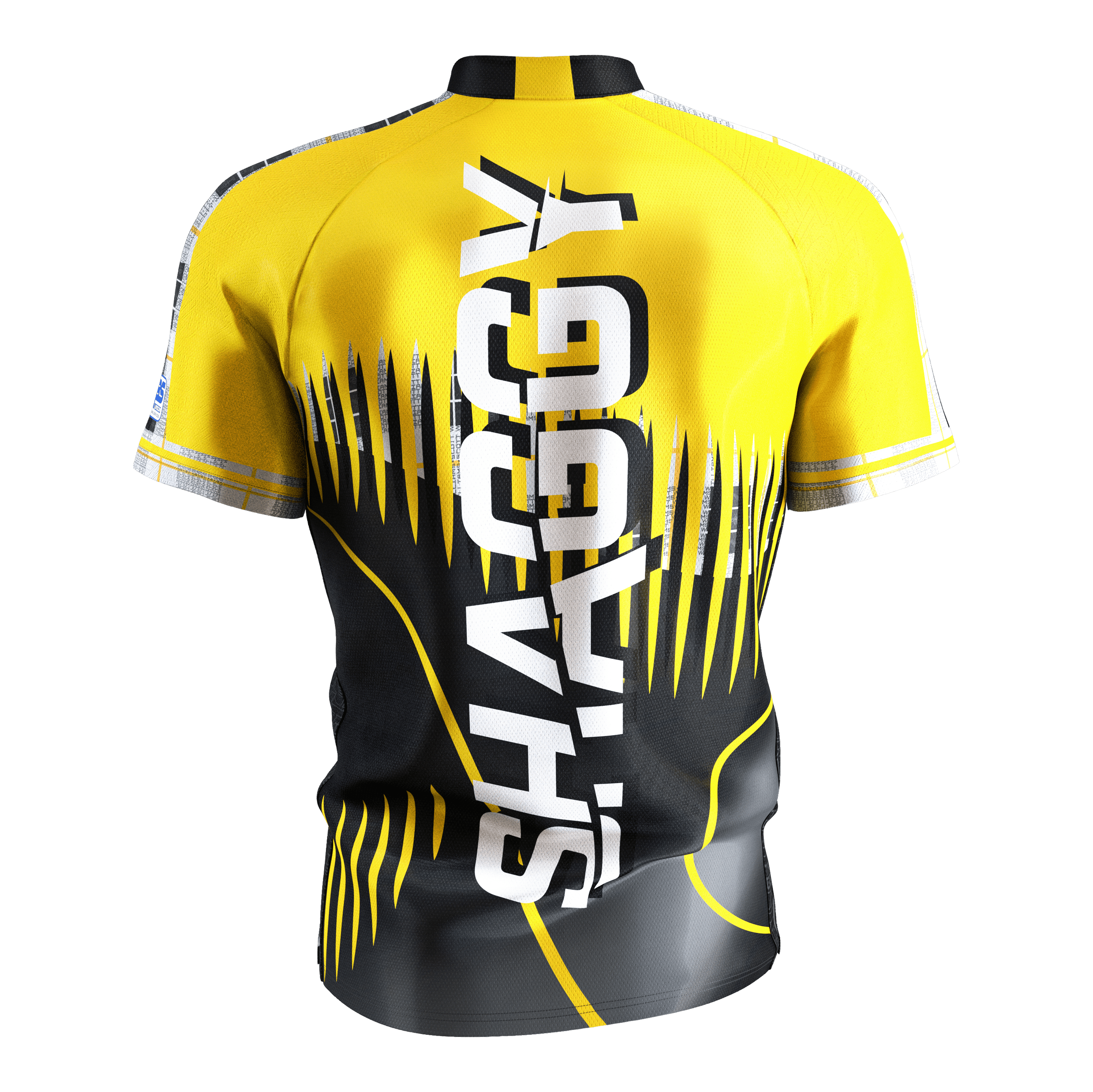Maglietta da freccette Target Coolplay Scott Williams 2025 Das Bild zeigt ein gelb-schwarzes Dartshirt mit dem großen weißen Schriftzug "SHAGGY" auf der Rückseite. Das Shirt hat ein auffälliges, modernes Design mit dynamischen Linien und Mustern.