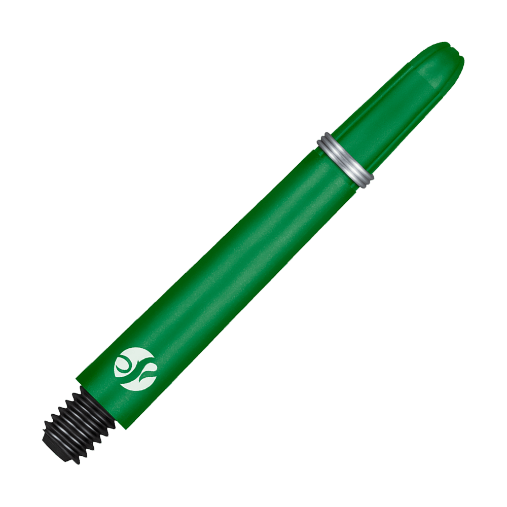 Aste Shot Koi Carbon - Verde Dies ist ein grüner Dart-Schaft mit einem Metallring und einem schwarzen Gewinde. Er hat ein weißes Logo am unteren Ende.