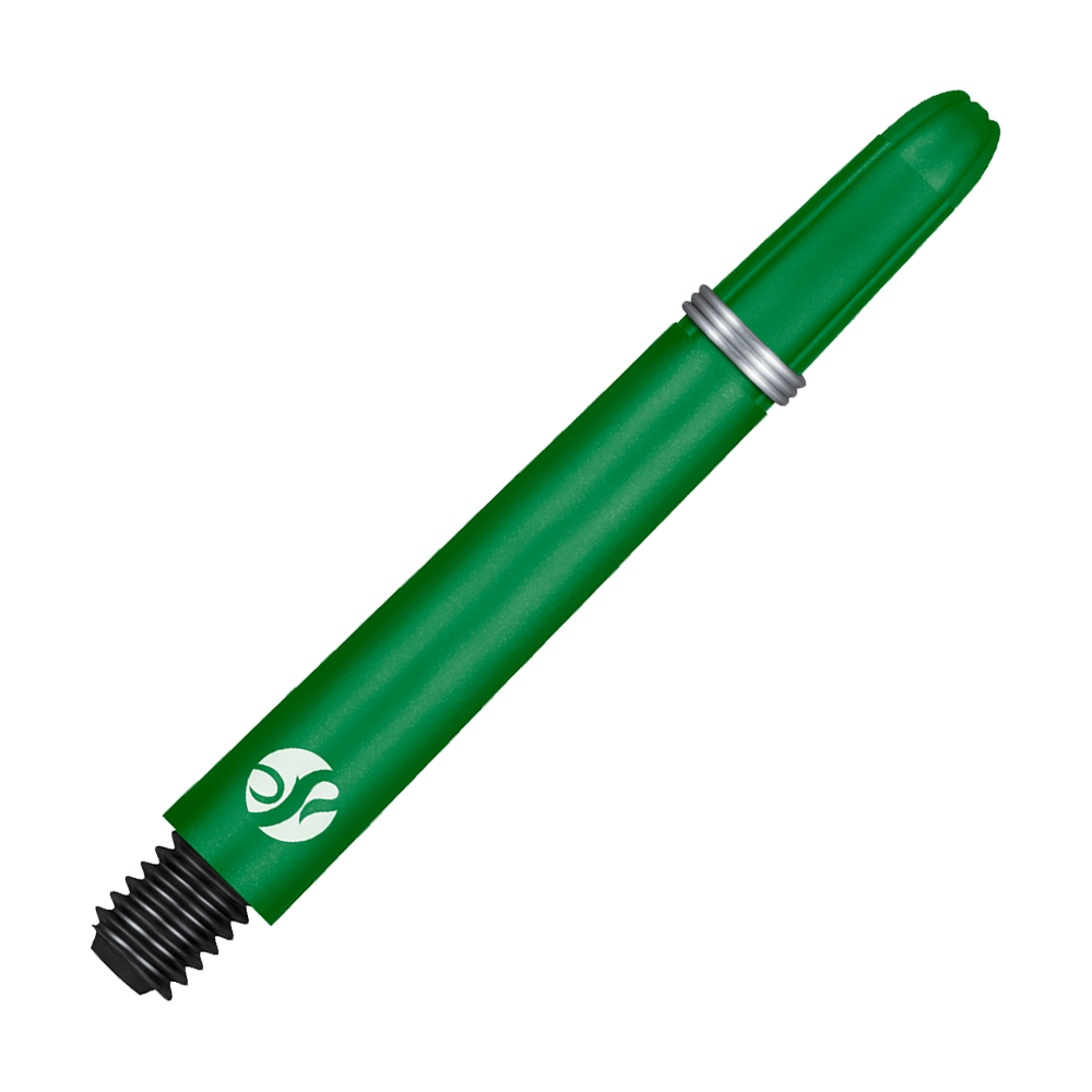 Aste Shot Koi Carbon - Verde Zwei Dart-Schäfte mit strukturiertem Kopf werden nebeneinander gezeigt. Die Aufnahme betont die Länge der Schäfte.