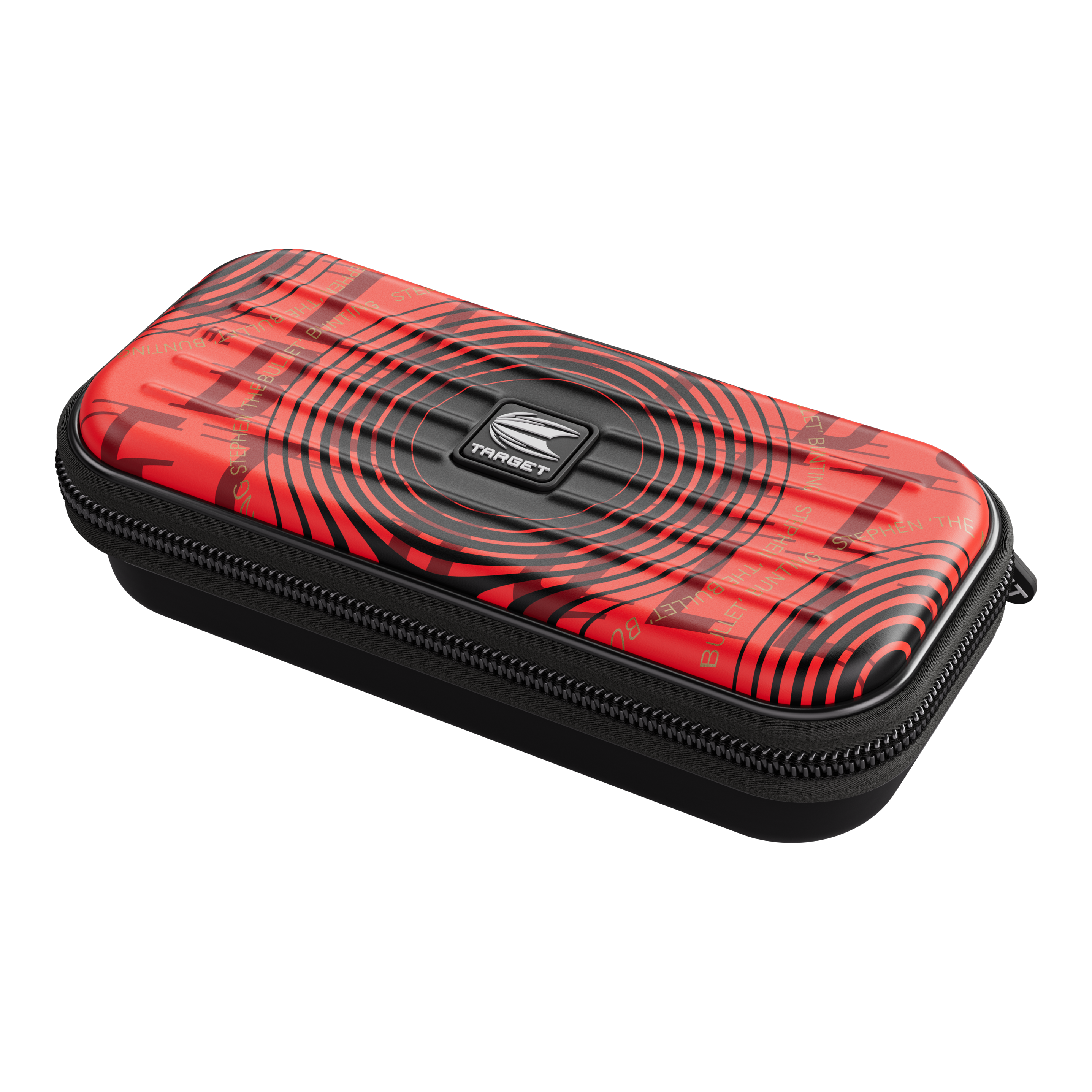 Astuccio per freccette Target Takoma Stephen Bunting Das Bild zeigt das Produkt "Target Takoma Stephen Bunting Dartcase". Das Etui ist rot mit schwarzen Kreisen und hat einen Reißverschluss.