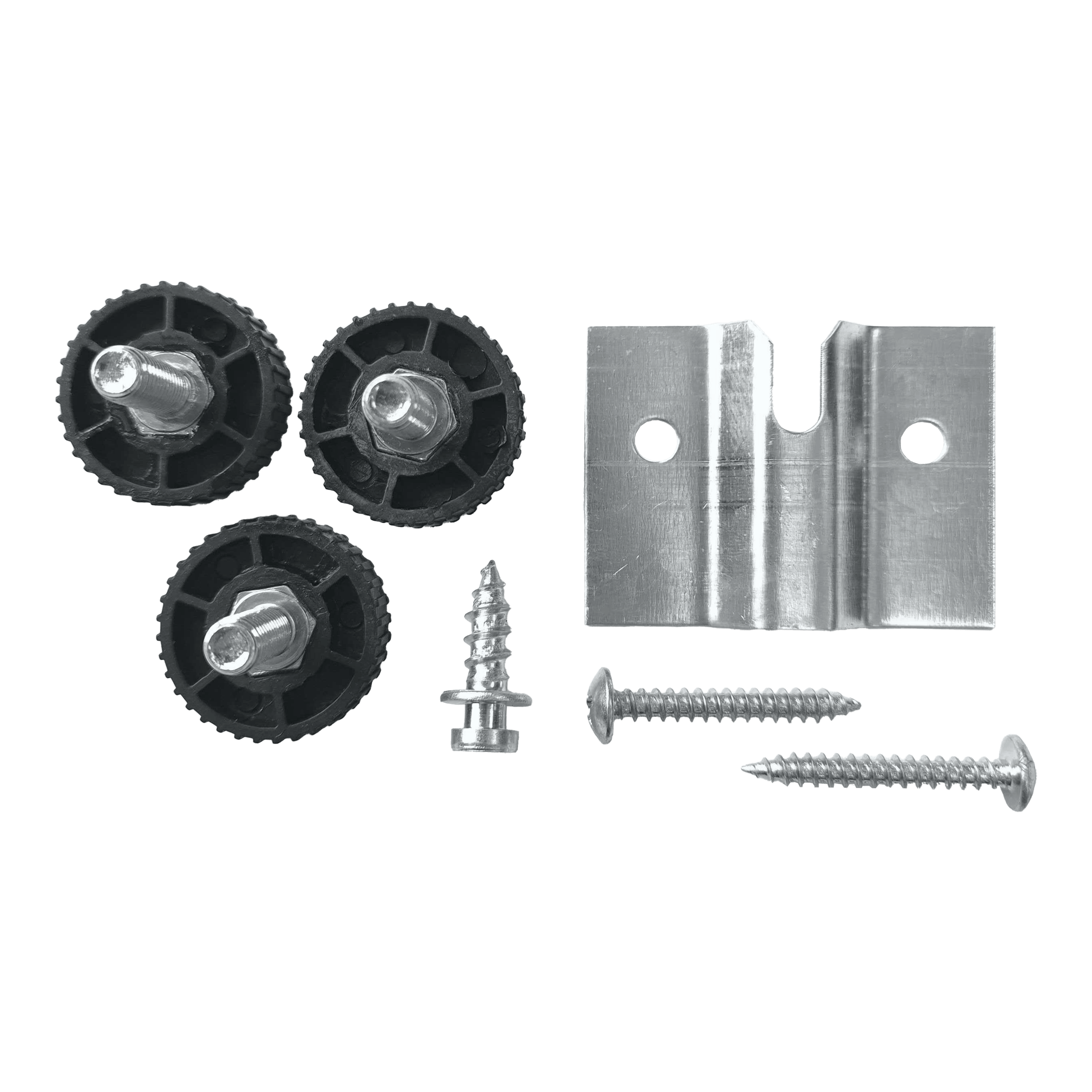 Supporto da parete Winmau Rota-Lock Blade 6 Das Bild zeigt das Winmau Rota-Lock Blade 6 Wandhalterungs-Set mit drei schwarzen Einstellrädern, einer Metallhalterung und Schrauben. Diese Teile werden verwendet, um ein Dartboard sicher an der Wand zu befestigen.