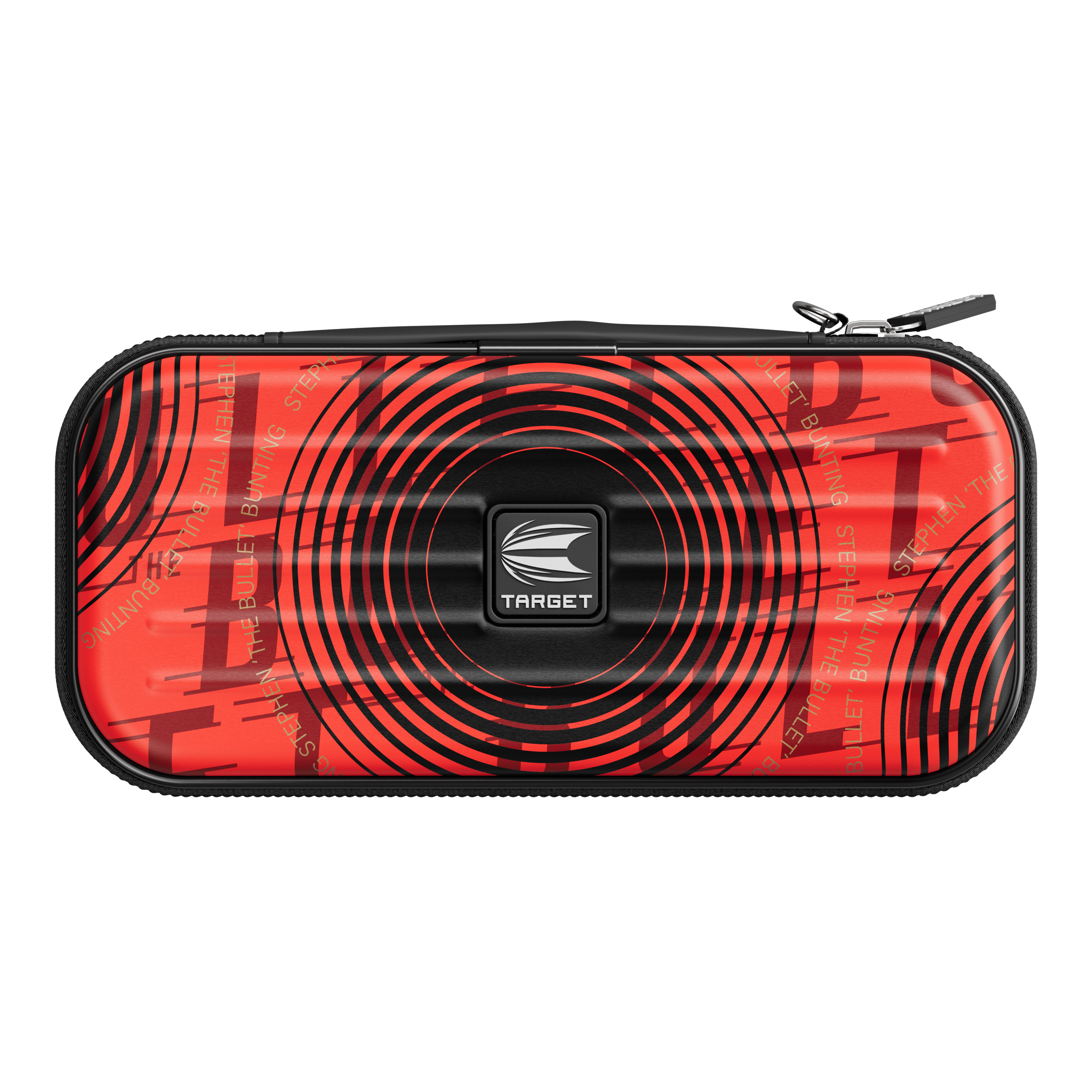 Astuccio per freccette Target Takoma Stephen Bunting Das Bild zeigt das Target Takoma Stephen Bunting Dartcase in einem auffälligen roten Design mit schwarzen Kreisen. In der Mitte befindet sich das Target-Logo und das Etui hat einen Reißverschluss.
