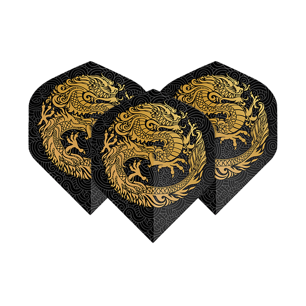 Voli Pentathlon Dragon nero Das Bild zeigt drei Dart-Flights mit einem auffälligen goldenen Drachen-Design auf schwarzem Hintergrund. Die Flights sind vom Typ "Pentathlon Dragon 2 Standard".