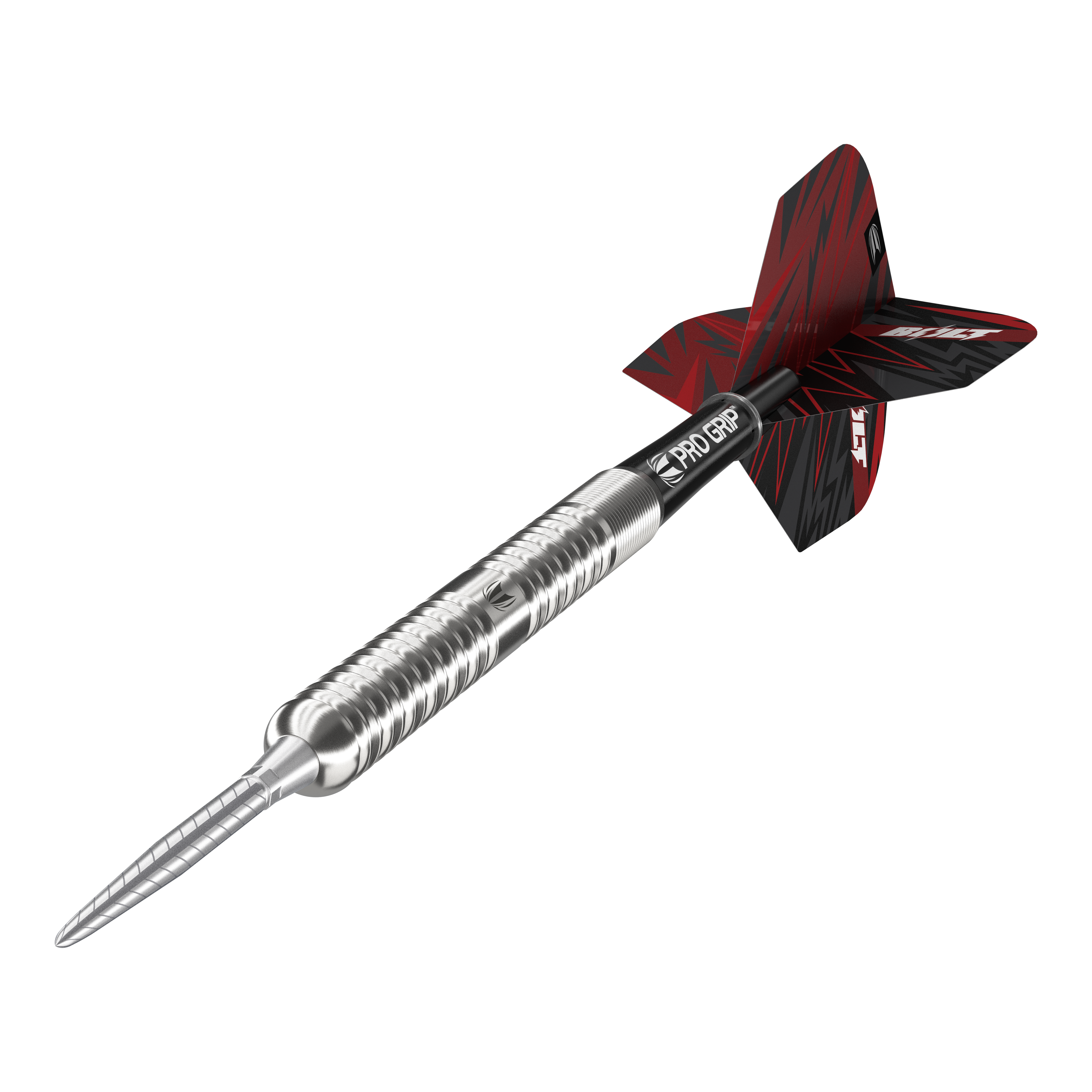 Freccette in acciaio Target Sebastian Bialecki GEN1 Swiss Point - 22 g Das Bild zeigt den Target Sebastian Bialecki GEN1 Swiss Point Steeldart mit 22 Gramm Gewicht. Der Dartpfeil hat ein silbernes Metallgehäuse, einen schwarzen Schaft und ein rot-schwarzes Flight-Design.