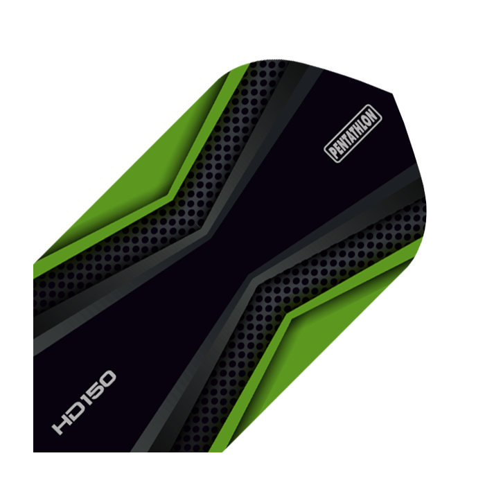 HD-39-HD150-Pentathlon-Green-Black-Flights HD 150 Pentathlon Flights Black/Green Slim. Das Foto zeigt schlanke Dartflights mit kontrastierendem Muster.