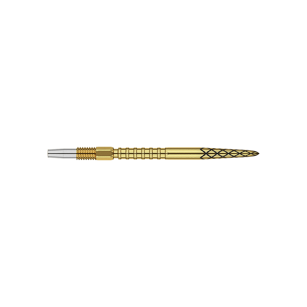 Puntali per freccette Target Swiss DS Surge Point - Oro Das Bild zeigt eine goldfarbene Dartspitze mit einem feinen Rautenmuster. Der hintere Teil der Spitze ist silberfarben und geriffelt.