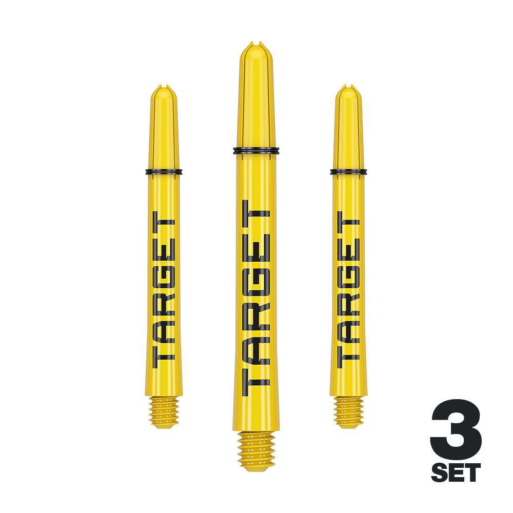 Aste Target Pro Grip TAG - 3 set - Giallo Auf dem Bild sind drei gelbe Dartschäfte der Marke Target zu sehen. Unten rechts steht "3 Set", was auf ein Set aus drei Teilen hinweist.