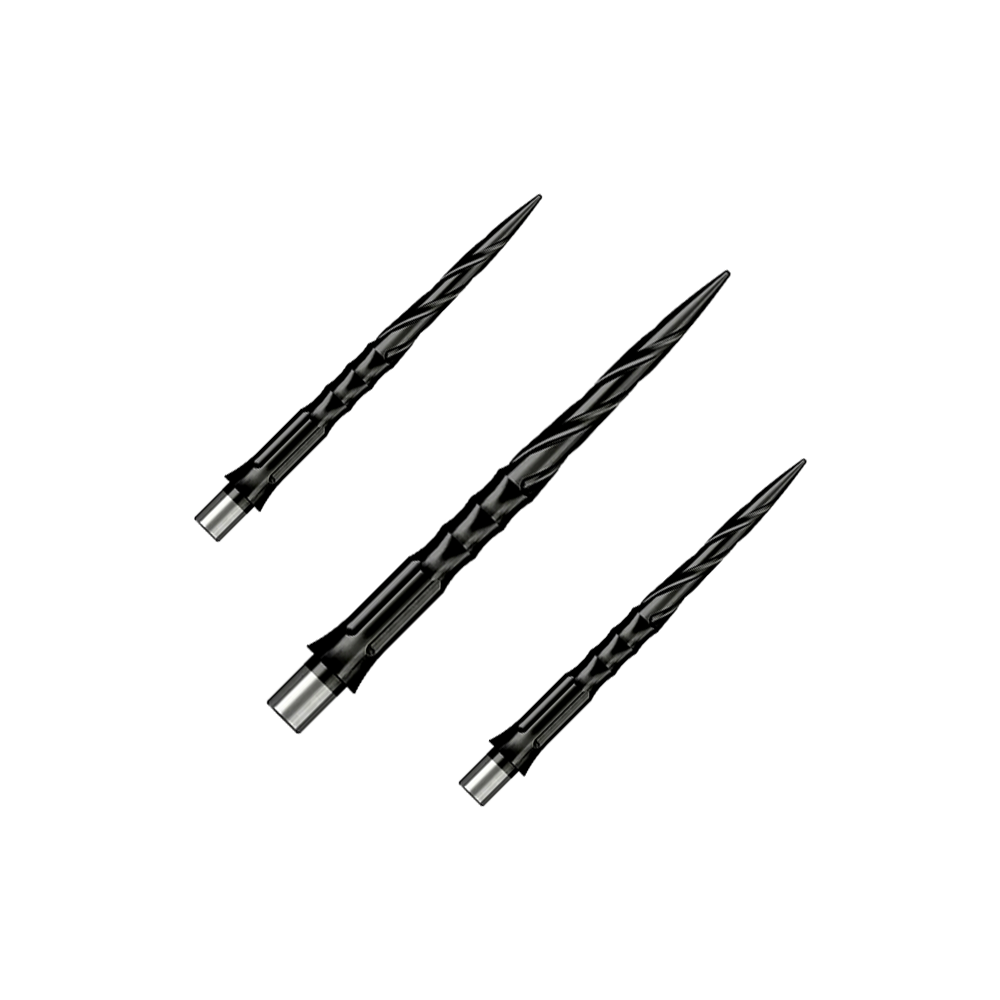 Punte per freccette in acciaio Caliburn System - Spiro - No Lip - Nero Zu sehen ist ein Set von Caliburn Evo System Steeldartspitzen Spiro NoLip Black, 28 mm. Die Spitzen eignen sich für professionelle Steeldartspiele.