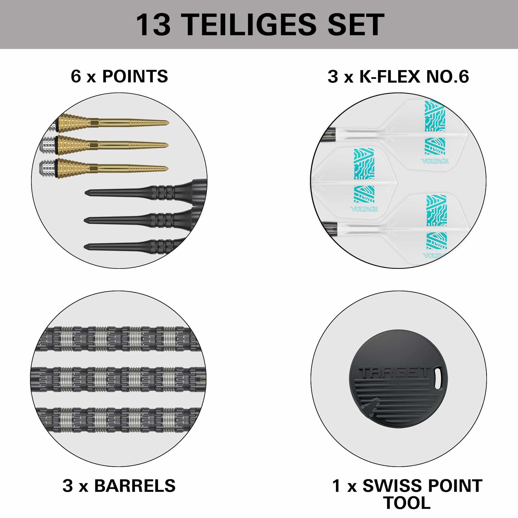 Freccette morbide Target Rob Cross 95K Swiss Point - 18 g Dieses Bild zeigt den Lieferumfang des "Target Rob Cross 95K Swiss Point Softdarts - 18g" Sets. Enthalten sind 6 Spitzen, 3 Flights, 3 Barrels und 1 Swiss Point Tool.