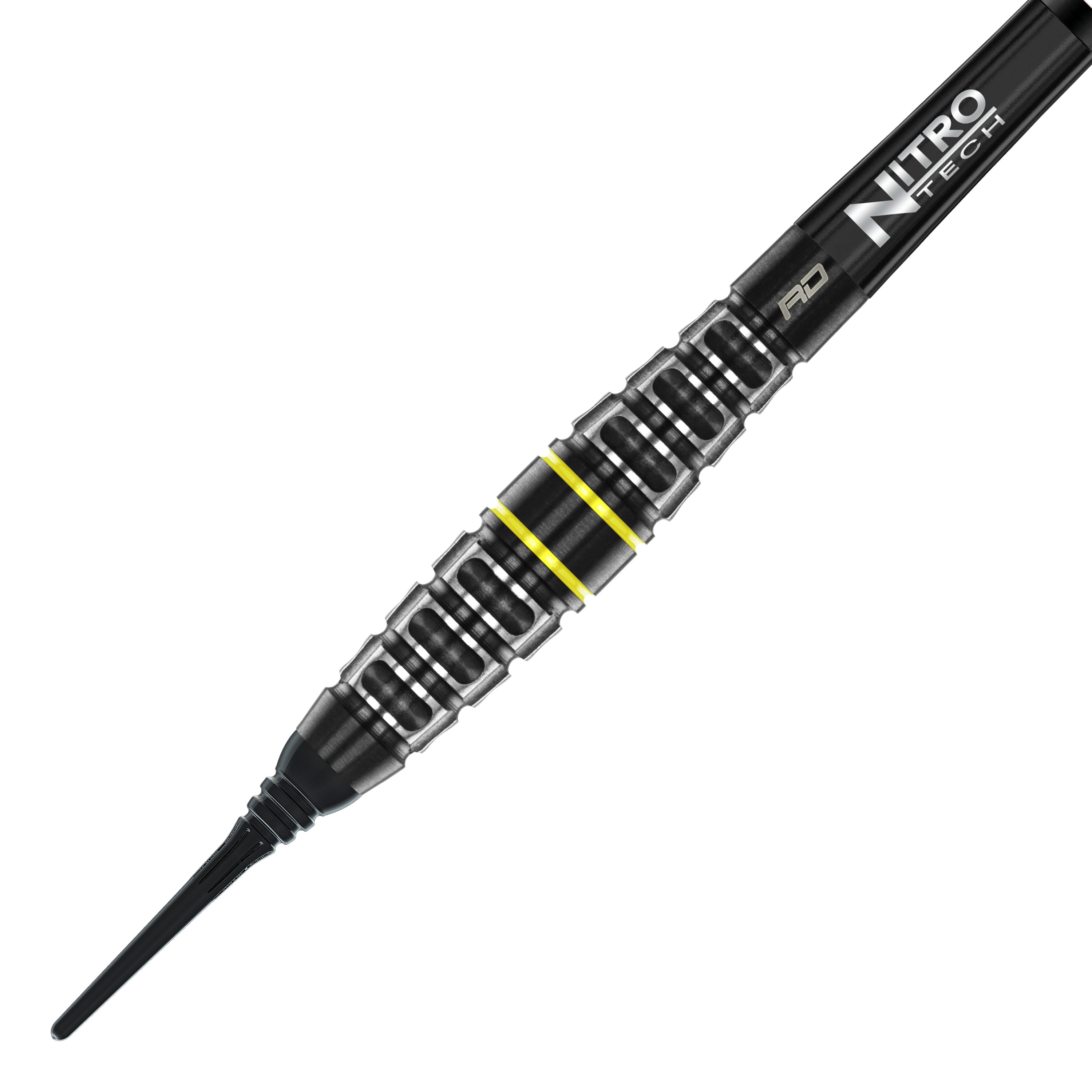 Freccette morbide Red Dragon Astraeus Q4X Torpedo - 20 g Auf dem Bild ist der Red Dragon Astraeus Q4X Torpedo Softdart mit 20g Gewicht zu sehen. Der Dart hat ein schwarzes Design mit silbernen und gelben Akzenten sowie der Aufschrift "Nitro Tech".