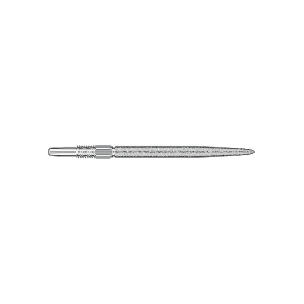 Punte per freccette Target Swiss Point SLK - argento Das Bild zeigt eine silberne Dartspitze mit feinen Rillen und einem glatten Schaft. Sie ist lang und schmal gestaltet, typisch für Präzisionsdarts.