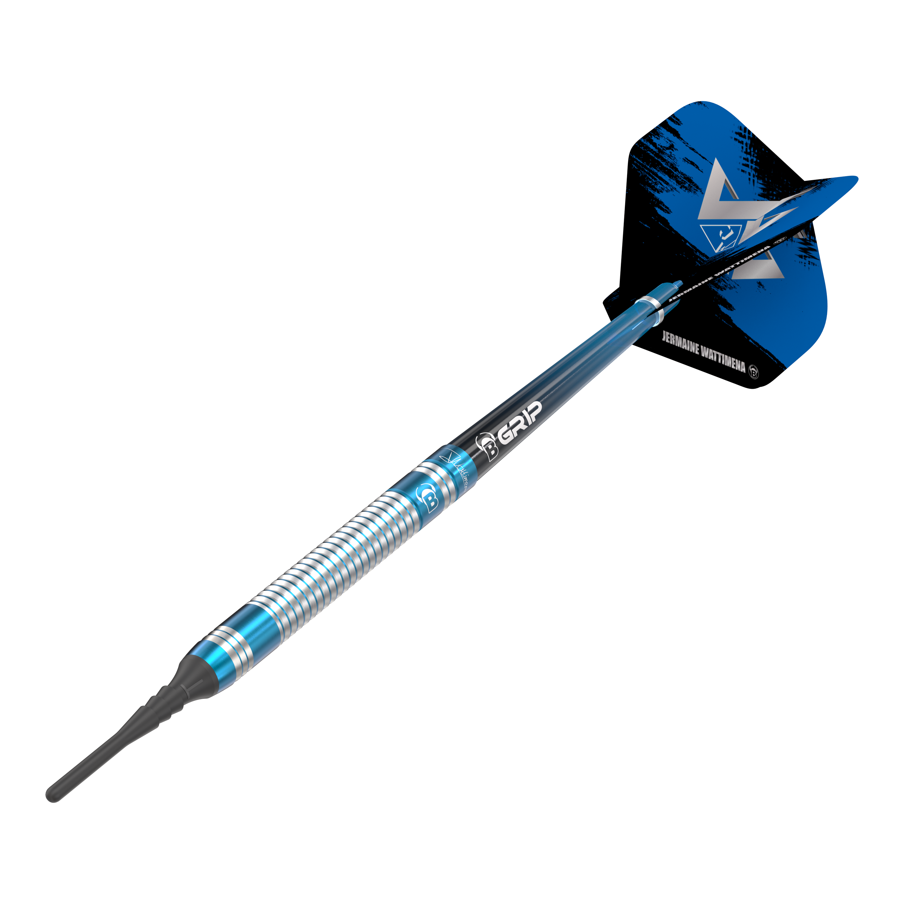 Bulls Jermaine Wattimena Generation 3 Soft Darts - 20 g Das Bild zeigt einen Bulls Jermaine Wattimena Generation 3 Softdart mit einem Gewicht von 20g. Der Dart hat ein silbernes und blaues Design mit schwarzem Flight.