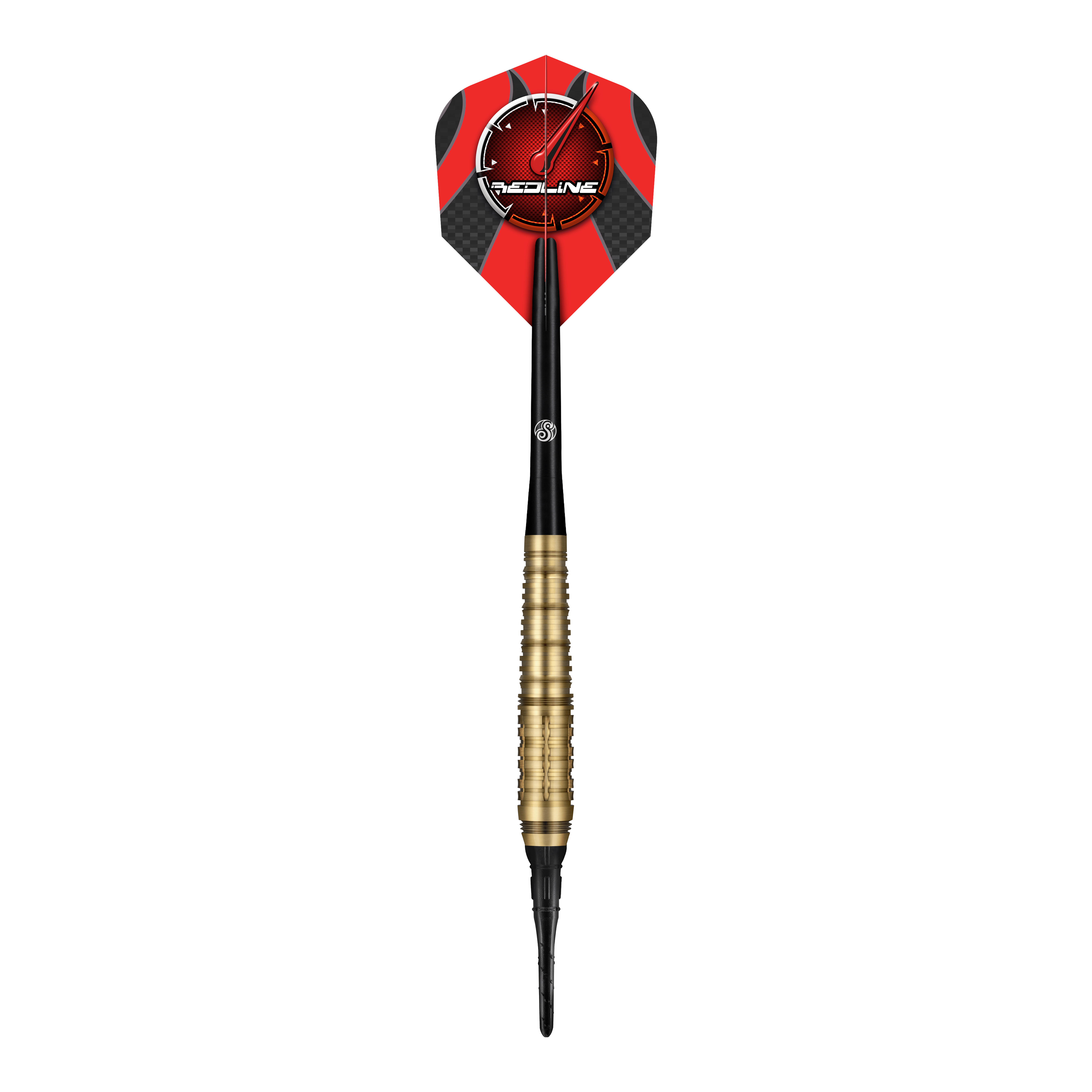 Freccette morbide Shot Redline Mach 1 - 20 g Das Bild zeigt einen Shot Redline Mach 1 Softdart mit einem Gewicht von 20g. Der Dart hat einen goldenen Griffbereich, einen schwarzen Schaft und eine rote Flights mit dem Redline-Logo.