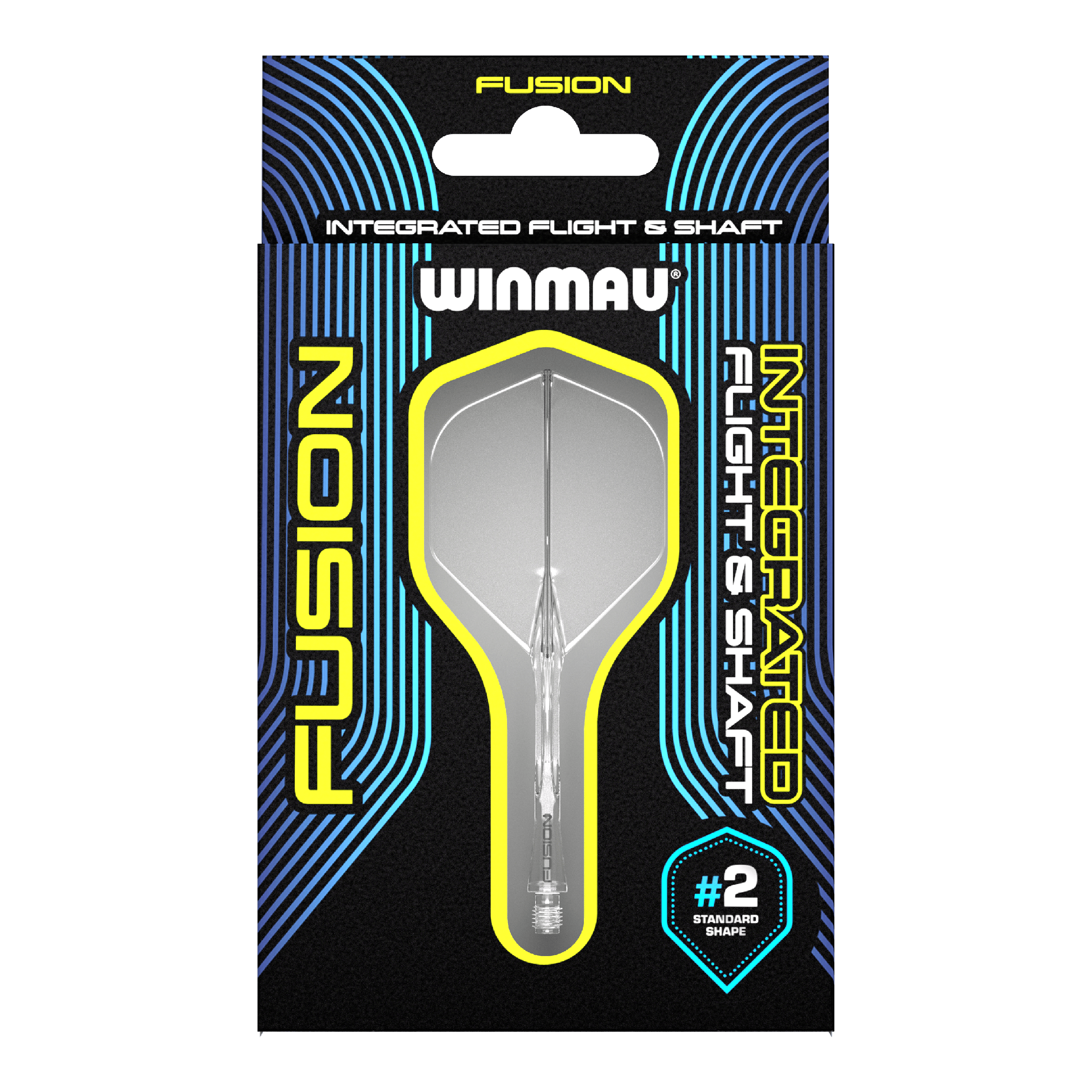 Sistema di alberi di volo Winmau Fusion standard trasparente Auf dem Bild ist ein Winmau Fusion Flight & Shaft System in einer Verpackung zu sehen. Das Produkt ist durchsichtig und hat die Standardform #2.