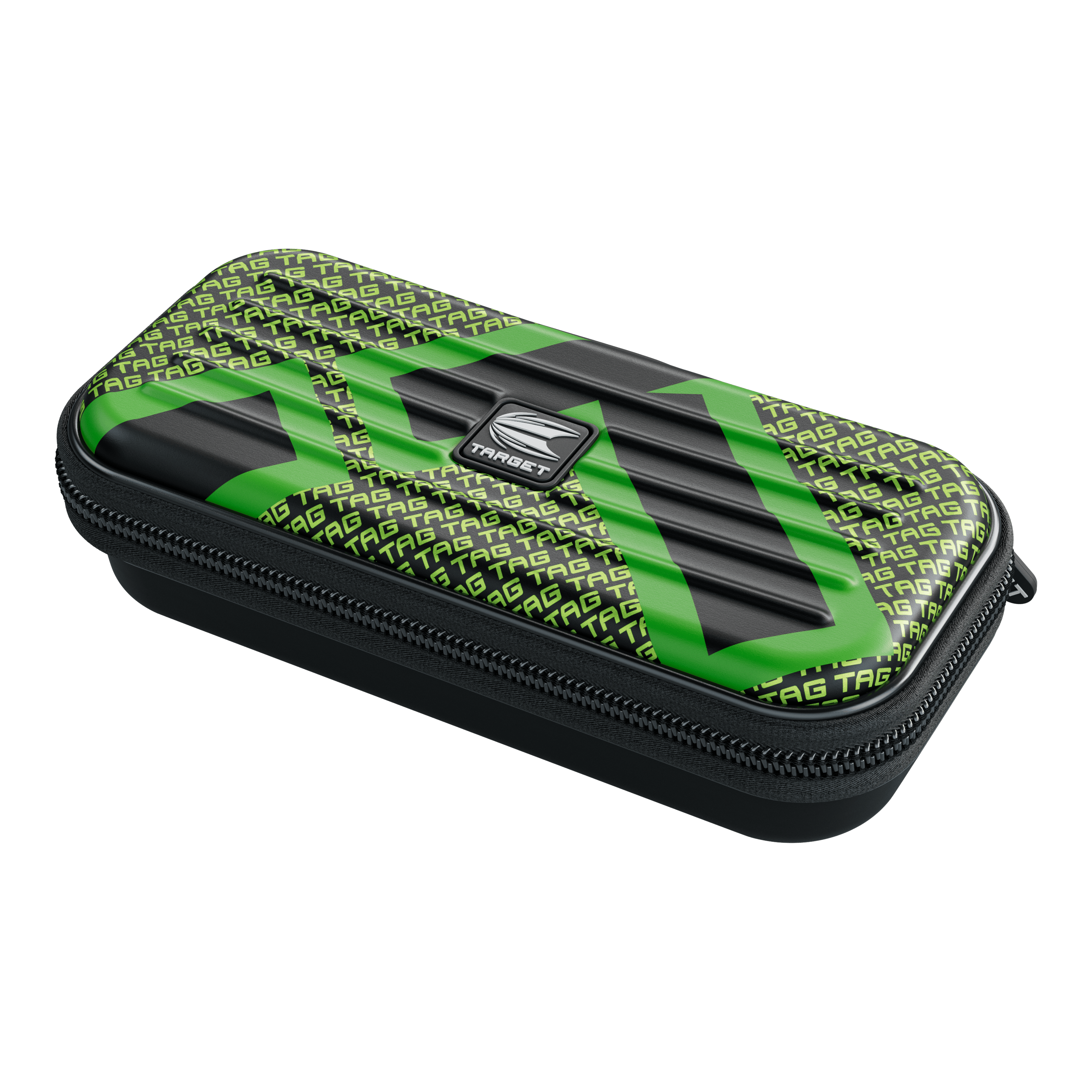 Custodia per freccette Target Takoma TAG Das Bild zeigt ein rechteckiges Etui mit Reißverschluss, das vorwiegend schwarz und grün ist. Auf dem Etui steht mehrfach das Wort "TAG" und in der Mitte befindet sich ein silbernes "TARGET"-Logo.