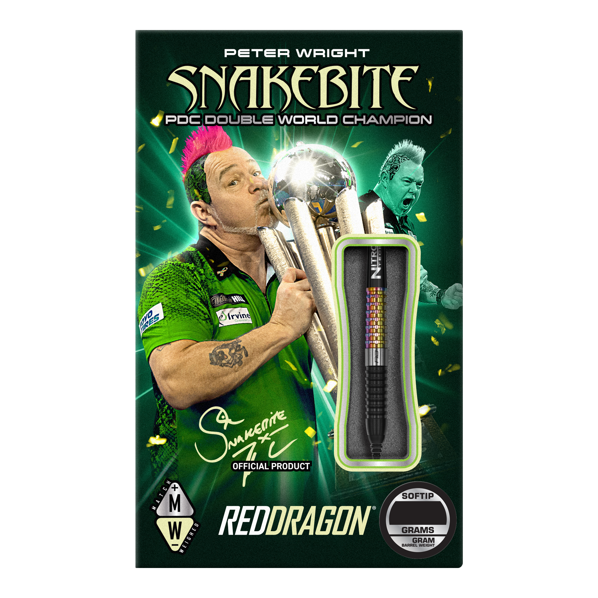 Freccette morbide Red Dragon Peter Wright Corra - 18 g Auf der Verpackung ist der Dartspieler Peter Wright mit einer Trophäe abgebildet. Das Produkt sind die "Red Dragon Peter Wright Corra Softdarts - 18g" mit Softspitze.