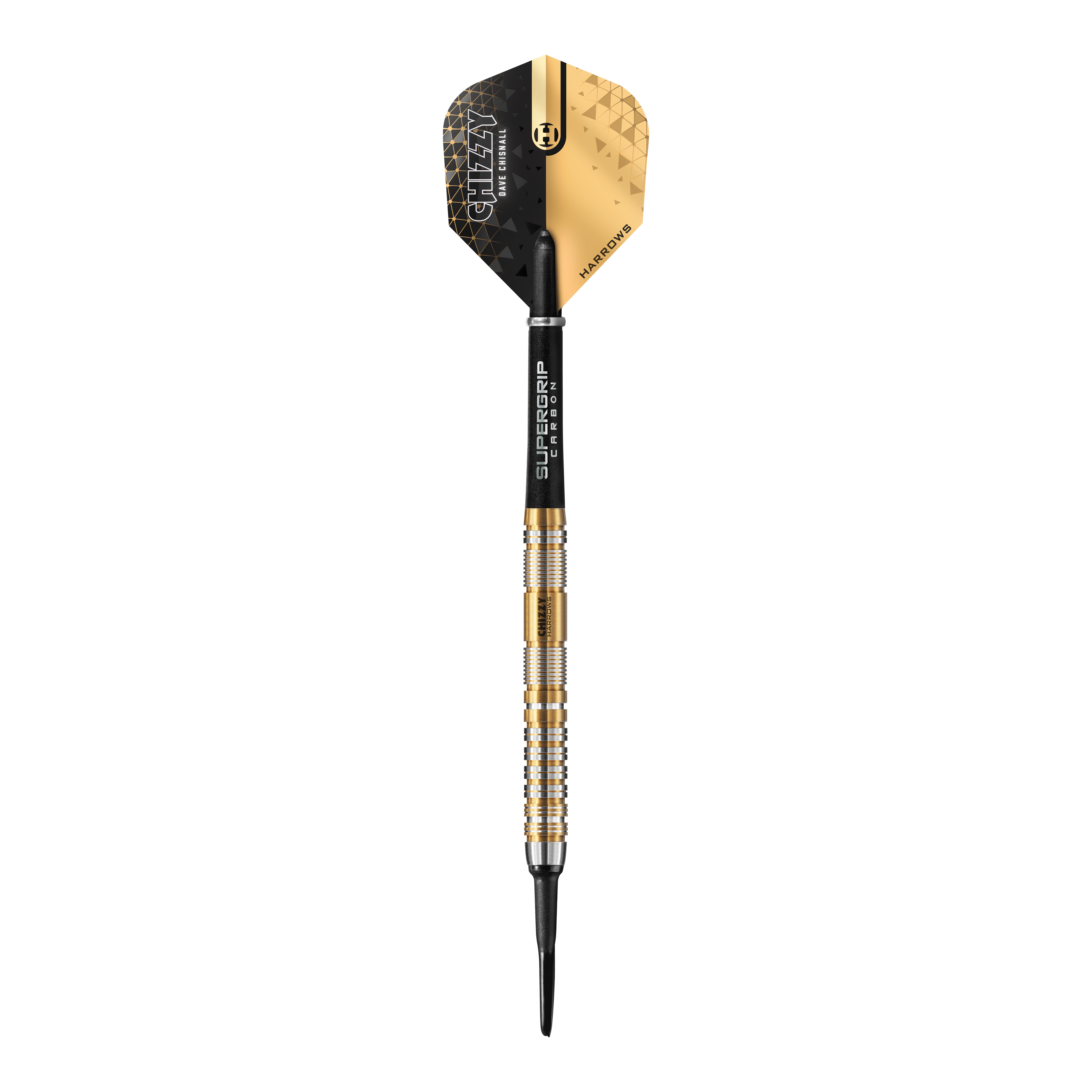 Freccette morbide Dave Chisnall Chizzy Series 2 di Harrow Das Bild zeigt einen Harrows Dave Chisnall Chizzy Series 2 Softdart. Der Dart hat ein modernes schwarzes und goldenes Design mit silbernen und goldenen Ringen am Barrel.