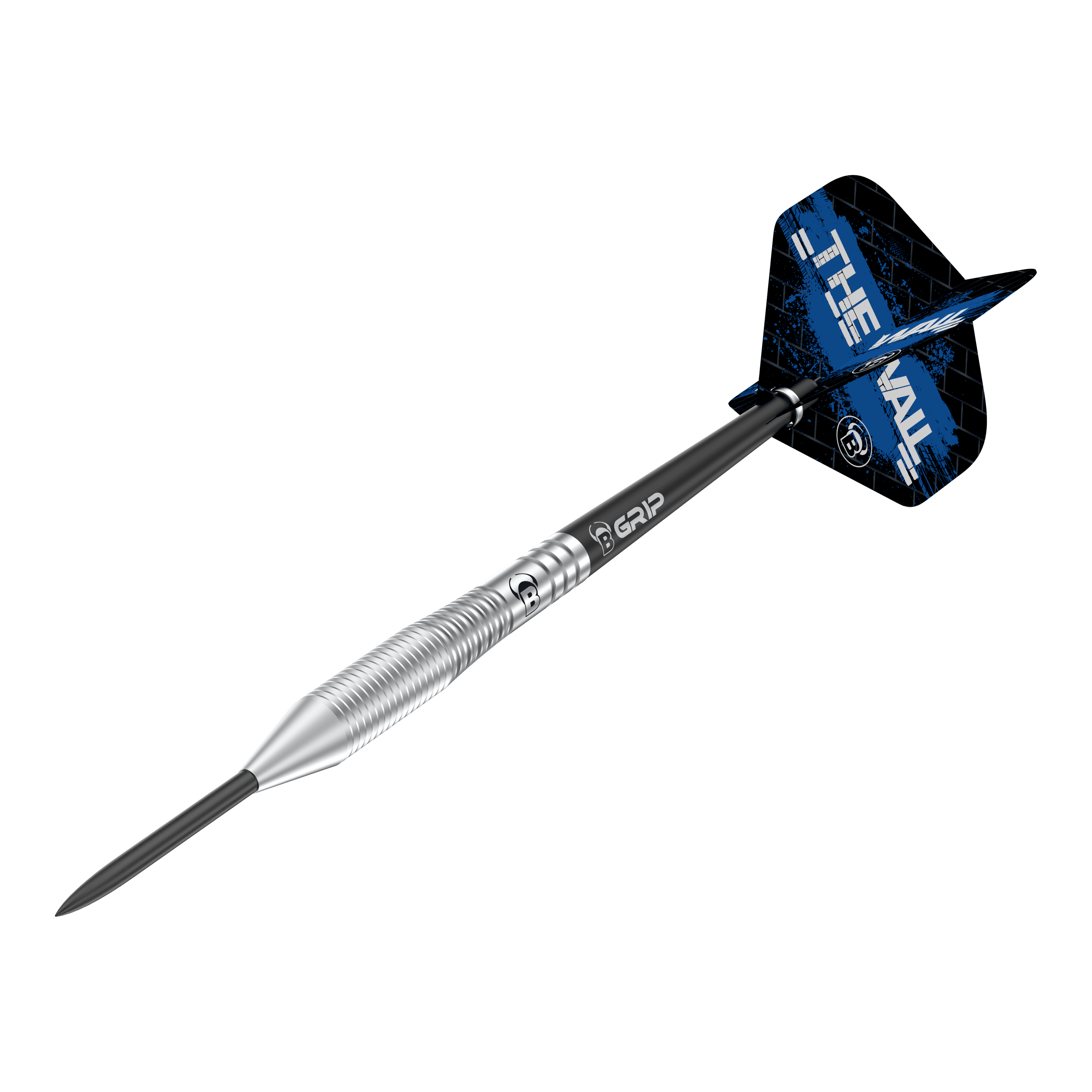 Das Bild zeigt einen Steeldart namens "Bulls Martin Schindler TW80". Der Dart hat einen silbernen, geriffelten Schaft und blaue Flights mit der Aufschrift "THE WALL".