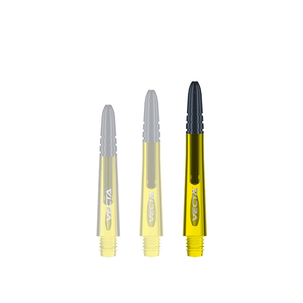7025-206_Winmau_Vecta_Shafts_Gelb_40mm_1HA6l3pO4BnPaD Das Bild zeigt drei gelbe Winmau Vecta Shafts für Darts. Die Schäfte haben schwarze Spitzen und sind unterschiedlich lang.