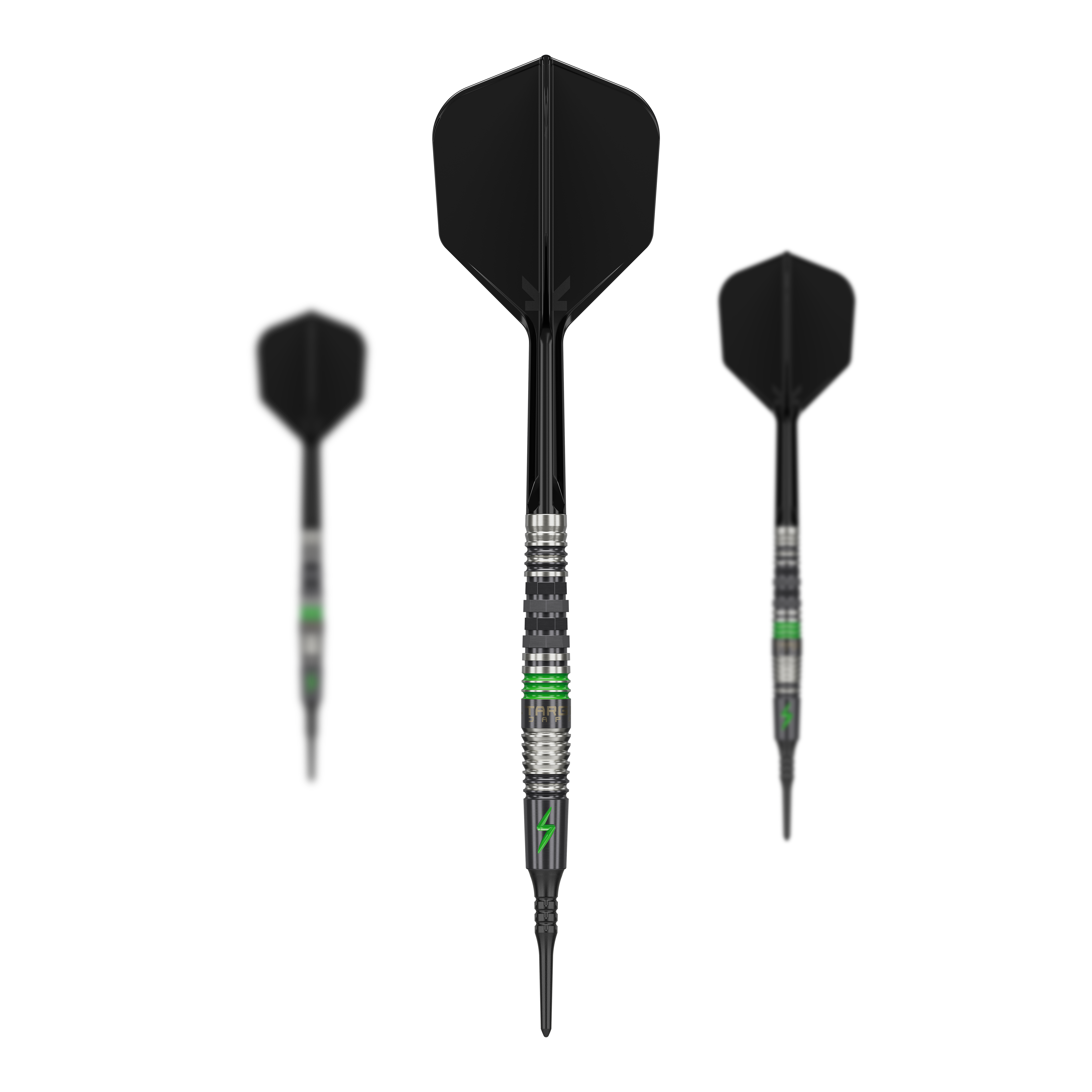Target Japan Black Marque Lightning 3 freccette morbide - 19 g Das Bild zeigt drei Softdarts des Modells "Target Japan Black Marque Lightning 3" mit einem Gewicht von 19g. Die Darts sind schwarz-silbern mit grünen Akzenten gestaltet.