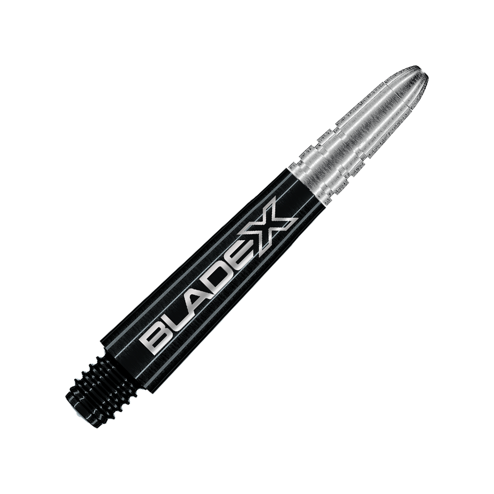 Winmau Vecta Blade X Shafts - Nero Dargestellt ist ein schwarzer Dartshaft mit dem Namen Winmau Vecta Blade X, 34 mm. Dieses Objekt ist für die Verwendung mit Dartpfeilen gedacht.
