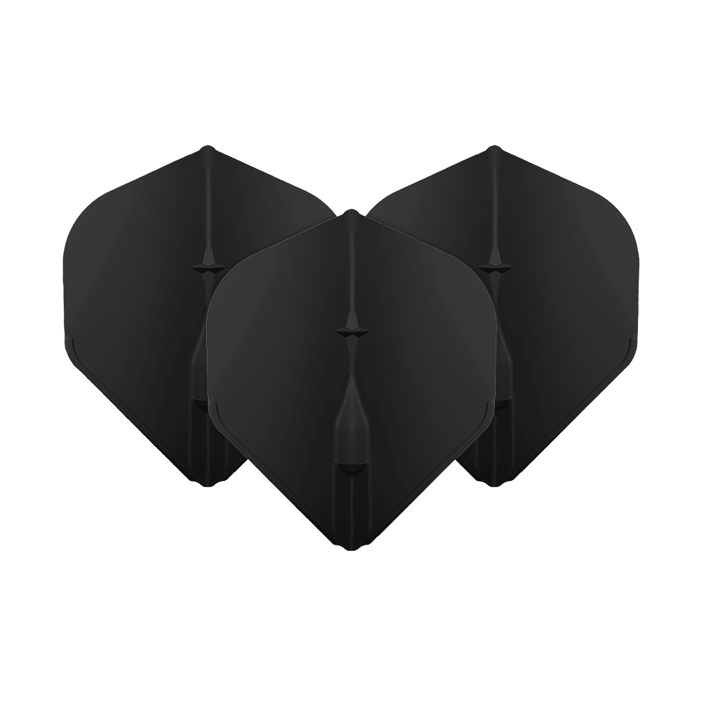 Voli standard L-Style Champagne L1EZ Das Bild zeigt drei schwarze L-Style Champagne L1EZ Standard Flights. Diese Flights sind für Dartpfeile geeignet und haben eine klassische Standardform.