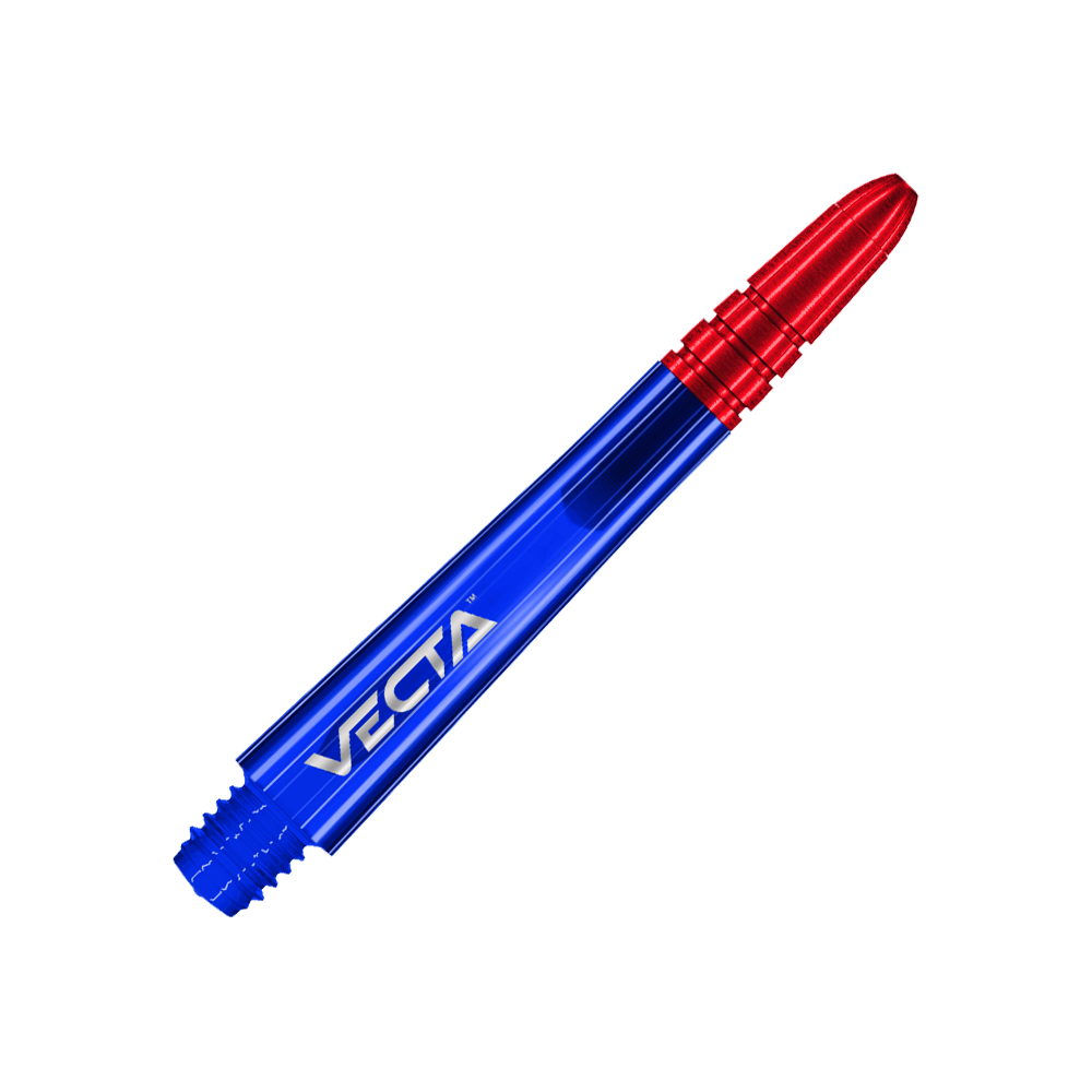 Alberi Winmau Vecta - Blu Rosso Das Bild zeigt einen Dart-Schaft in den Farben Blau und Rot. Auf dem blauen Teil steht das Wort "VECTA".