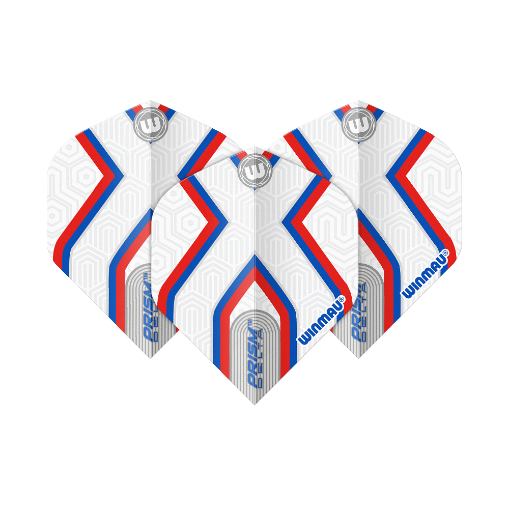 Voli standard Winmau Prism Delta Epix No2 Das Bild zeigt drei Dartflights des Produkts "Winmau Prism Delta Epix No2 Standard Flights". Die Flights sind weiß mit roten und blauen Streifen sowie geometrischem Muster gestaltet.