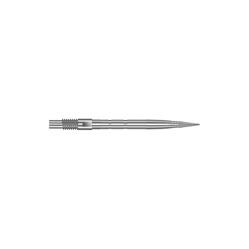 Punte per freccette Harrows Quick Point Micro Ridge - Argento Das Bild zeigt Dartspitzen mit MicroRidge Struktur in Silber mit einer Länge von 26 mm. Die Dartspitzen sind nebeneinander angeordnet.