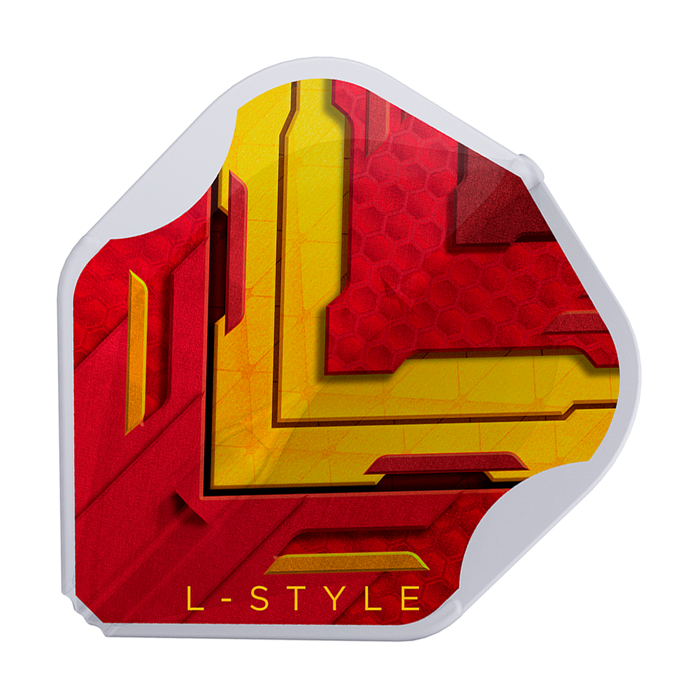 Alette L-Style V-Series V1 Tipo A Spagna Bianco Trasparente L1EZ Das Bild zeigt ein Dart-Flight mit einem Design in den Farben Rot und Gelb. Am unteren Rand steht in gelber Schrift "L-STYLE".