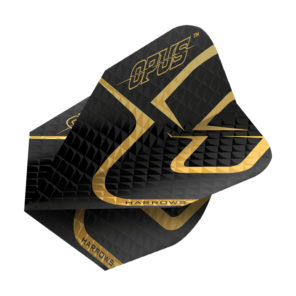 Voli della versione 2 dell'Opus di Harrow Das Bild zeigt das Produkt "Harrows Opus Version 2 Flights". Die Flights sind überwiegend schwarz mit goldenen Akzenten und Aufschrift.