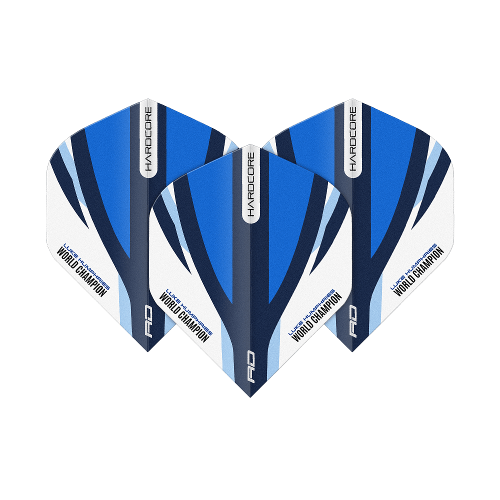 Red Dragon Hardcore Luke Humphries Voli Standard Blu Bianco Das Bild zeigt drei Dartflights in Blau, Weiß und Schwarz mit der Aufschrift „HARDCORE“ und „Luke Humphries World Champion“. Es handelt sich um das Produkt „Red Dragon Hardcore Luke Humphries Blue White Standard Flights“.