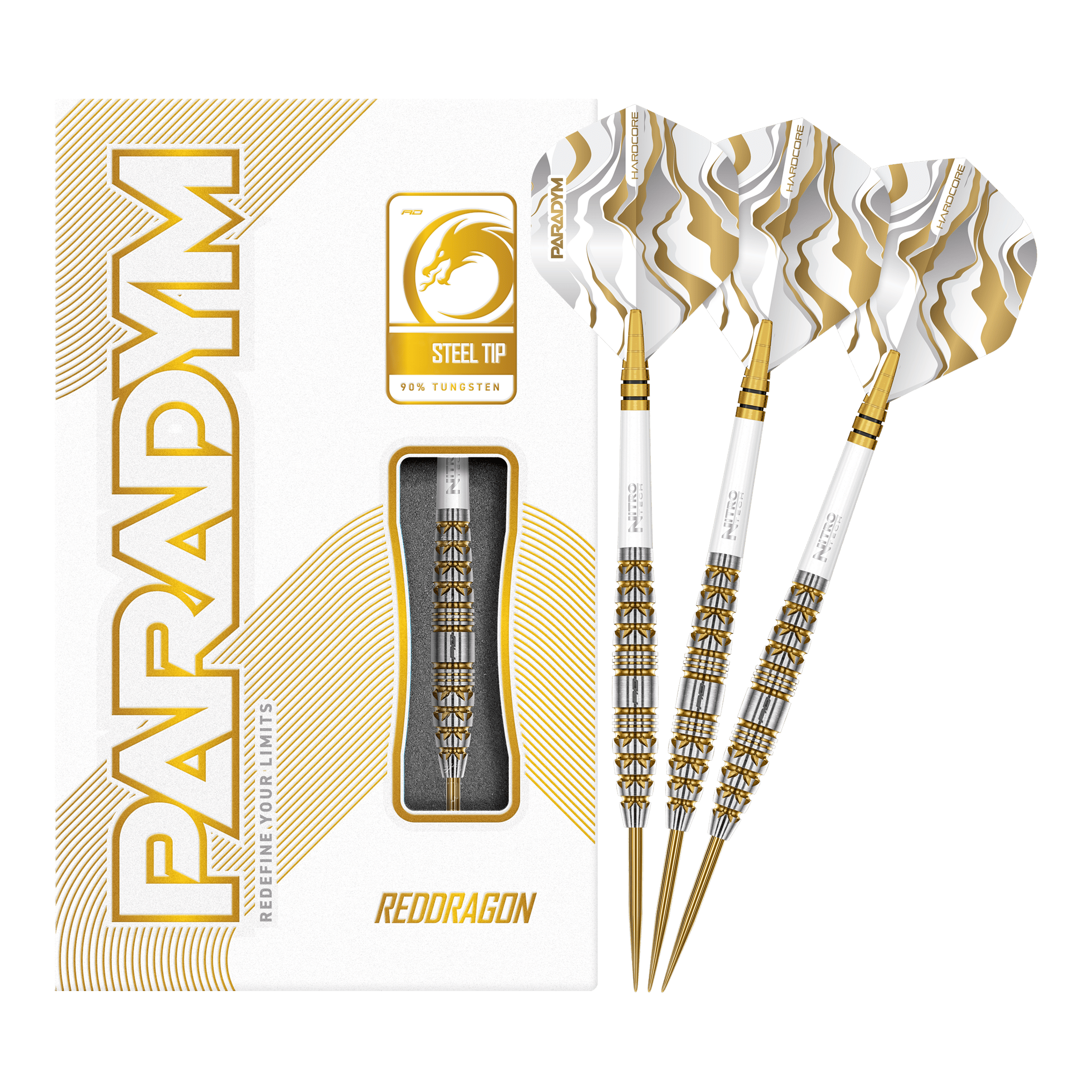 Das Bild zeigt die Red Dragon Paradym Gold Torpedo Steeldarts in vollständiger Ansicht. Es sind elegante Steeldarts mit goldener Oberfläche.