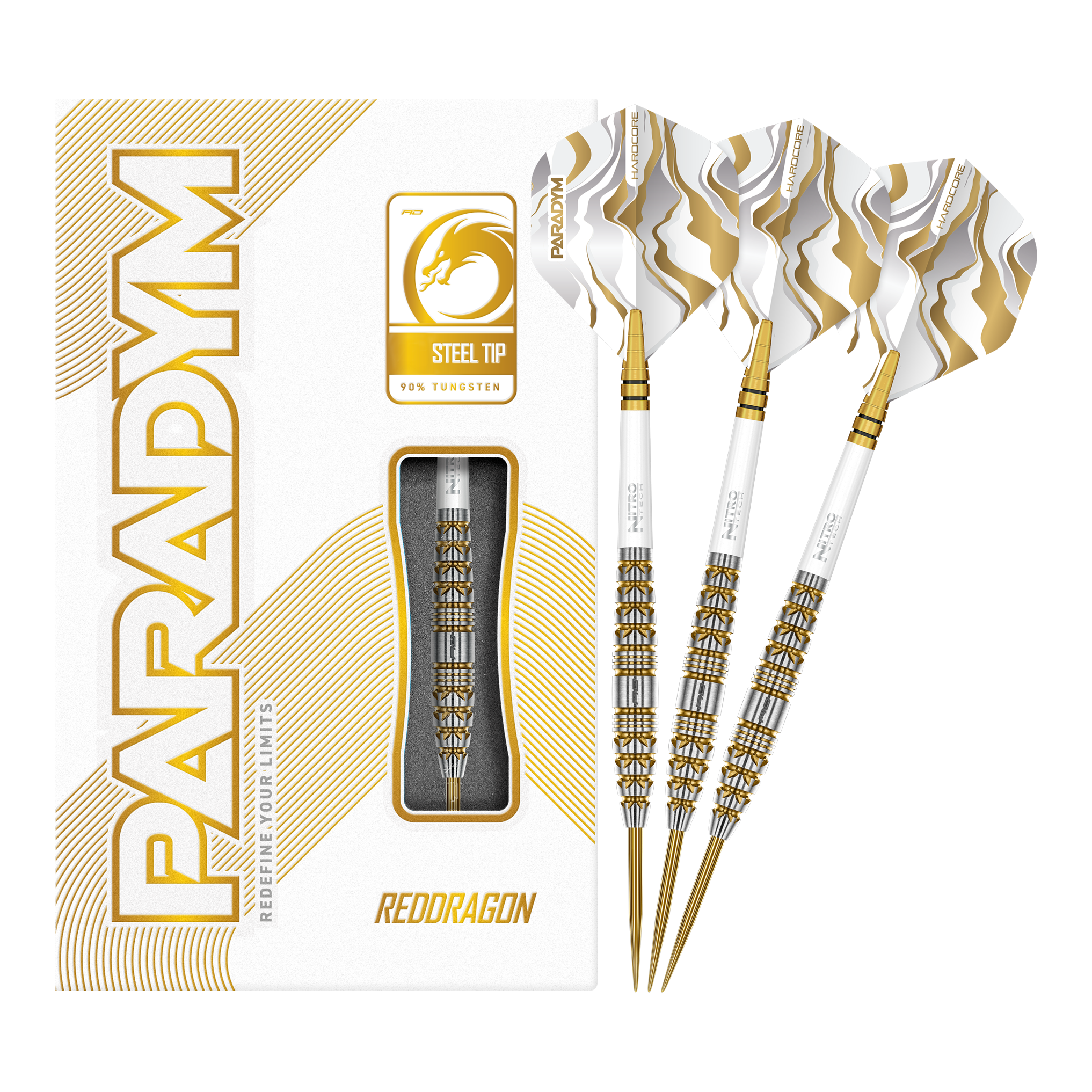 Freccette in acciaio Red Dragon Paradym Gold Torpedo Das Bild zeigt die Red Dragon Paradym Gold Torpedo Steeldarts in vollständiger Ansicht. Es sind elegante Steeldarts mit goldener Oberfläche.