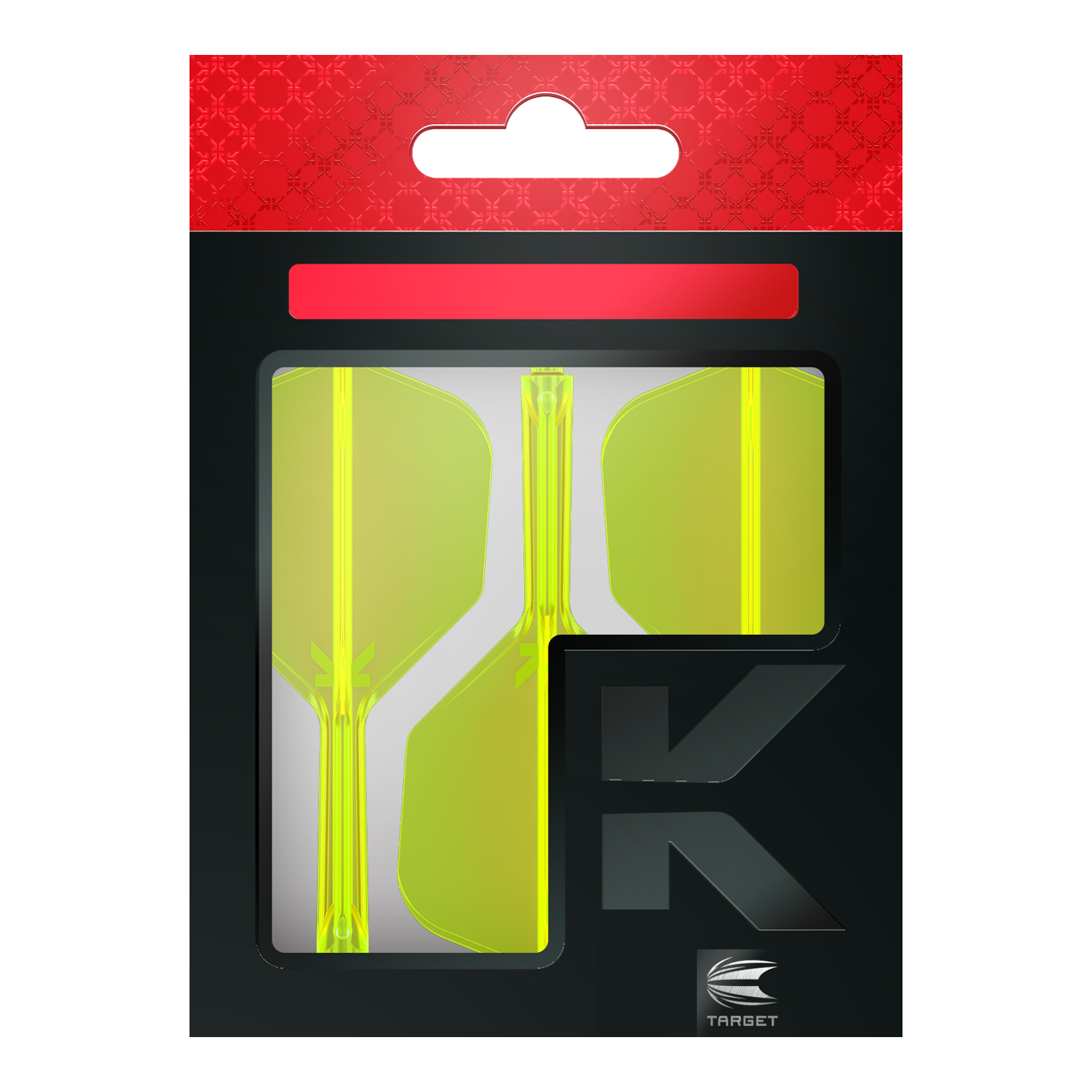 Target K-Flex No6 Flight System - Giallo Neon Die Abbildung zeigt eine Verpackung mit neon-gelben Dartflights. Die Verpackung ist überwiegend schwarz mit einem roten Bereich oben und dem Logo „TARGET“ unten rechts.