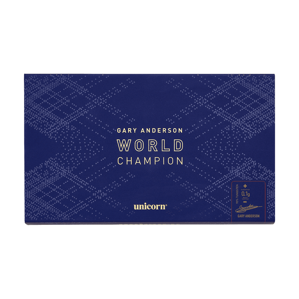 29030_Unicorn_World_Champion_Gary_Anderson_Phase_6_Steeldarts_3b Die Verpackung ist dunkelblau mit dem Text "Gary Anderson World Champion" in der Mitte. Unten steht das Logo "unicorn" und rechts befindet sich eine kleine goldene Box mit weiteren Informationen.