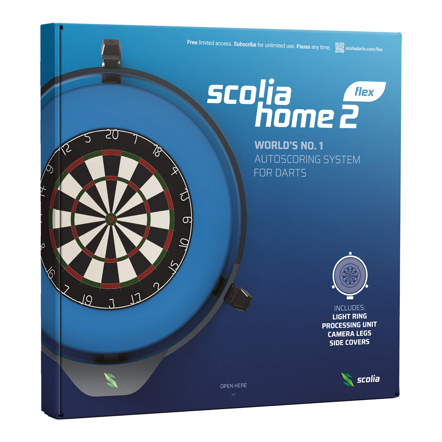 Scolia Home 2 FLEX - Sistema di punteggio automatico elettronico con anello luminoso 2026 Die Verpackung zeigt das Produkt "Scolia Home 2 FLEX", ein elektronisches Punktesystem für Darts mit Beleuchtungsring. Auf der Vorderseite sind eine Abbildung eines Dartboards und Informationen zu den enthaltenen Komponenten zu sehen.