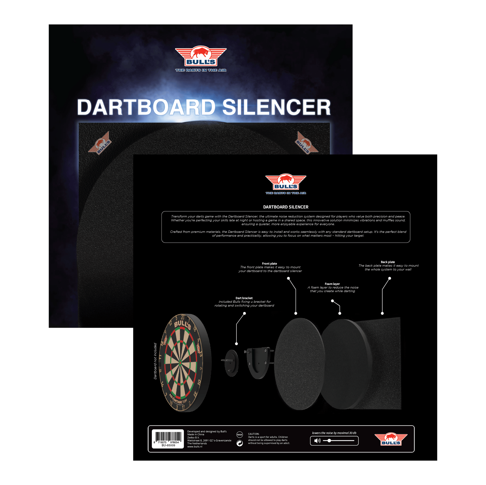 Silenziatore per bersaglio da freccette Bulls NL Das Bild zeigt das Produkt "Bulls NL Dartboard Silencer" in seiner Verpackung. Auf der Rückseite ist eine Grafik abgebildet, die die einzelnen Komponenten und deren Funktionen erklärt.