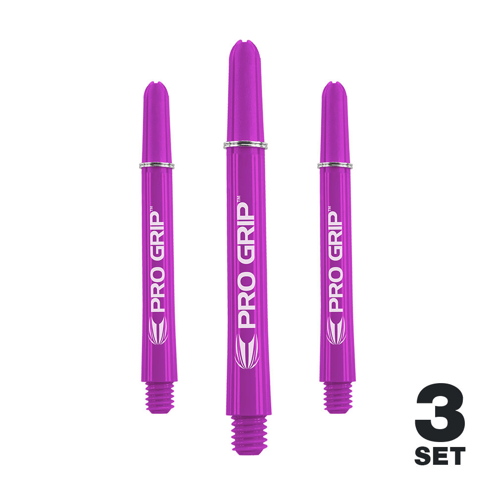 Target Pro Grip Shafts - 3 set - Viola Das Bild zeigt drei lila Dartschäfte der Marke "Pro Grip". In der rechten unteren Ecke steht "3 Set".