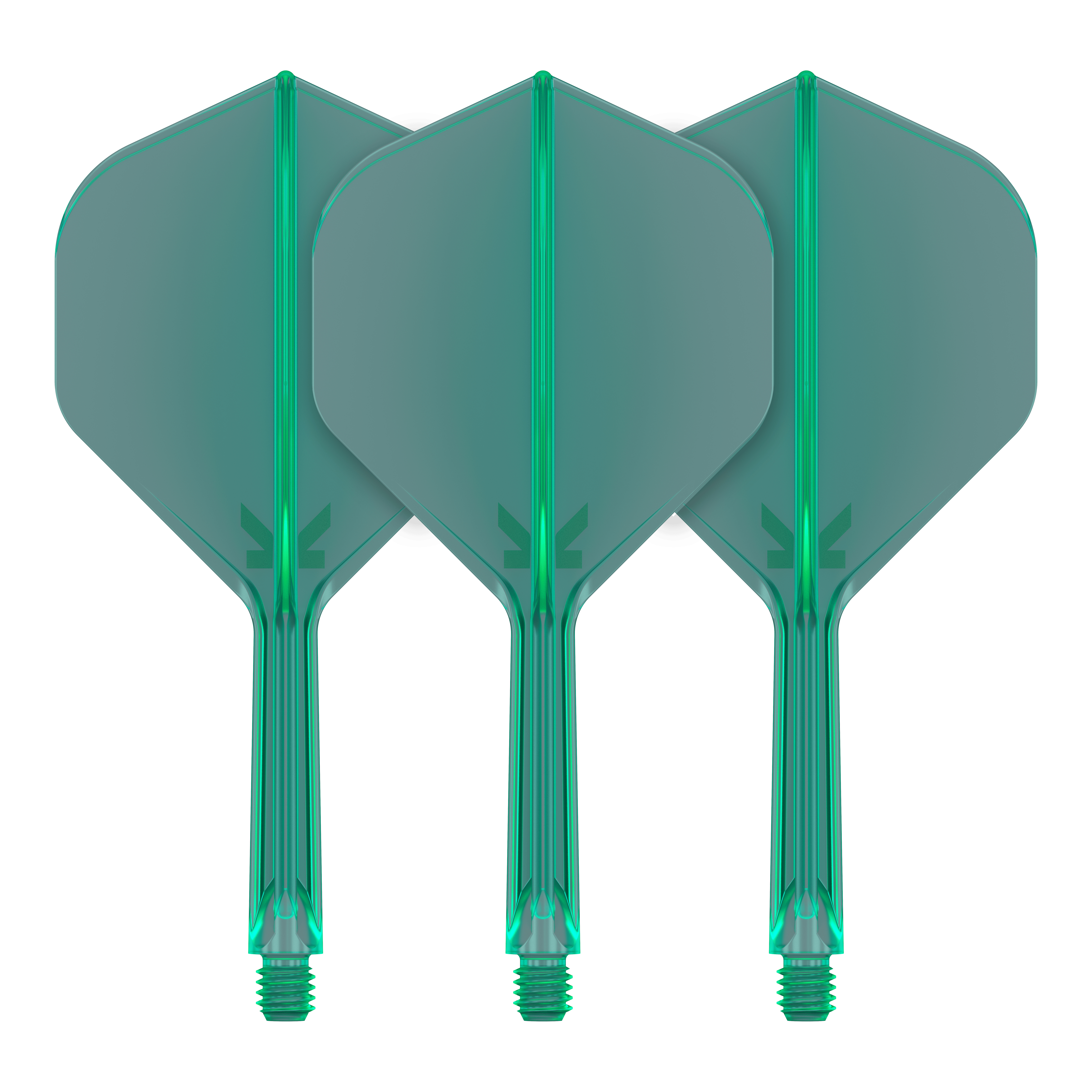 Target K-Flex No2 Standard Flight System - Verde Das Bild zeigt drei grüne Dartflights mit angebauten Schäften. Sie sind gleichmäßig angeordnet und weisen ein schlichtes, modernes Design auf.
