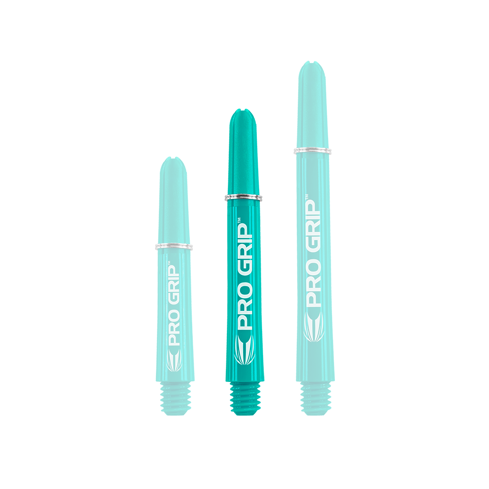 110847_Target_Pro_Grip_Shafts_Aqua_41mm_1 Auf dem Bild sind drei türkisfarbene Pro Grip Shafts in unterschiedlichen Längen zu sehen. Alle drei Shafts haben die Aufschrift "PRO GRIP" in weißer Farbe.