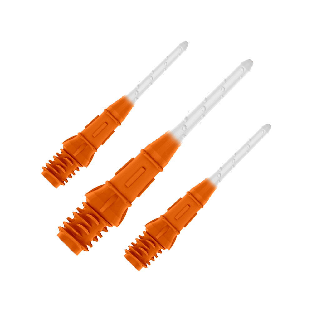 L-Style Premium Two Tone Lippoints (confezione da 30) Das Bild zeigt drei orange-weiße Dartspitzen in einer Reihe. Die Spitzen sind zum Teil orange und werden nach vorne hin durchsichtig.