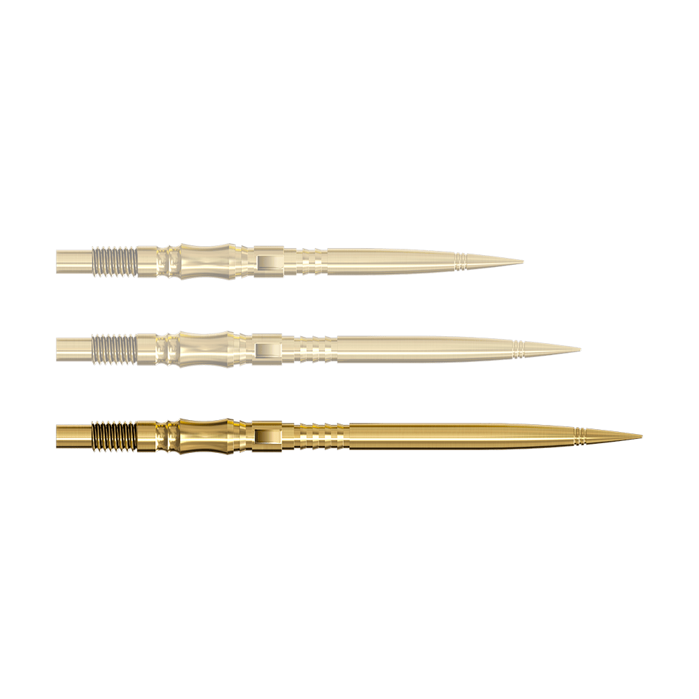 Punte per freccette Harrows Quick Point Axis Elite Series - Oro Eine einzelne Dartspitze in Gold ist von nahe gezeigt. Die Spitze ist nach rechts ausgerichtet.