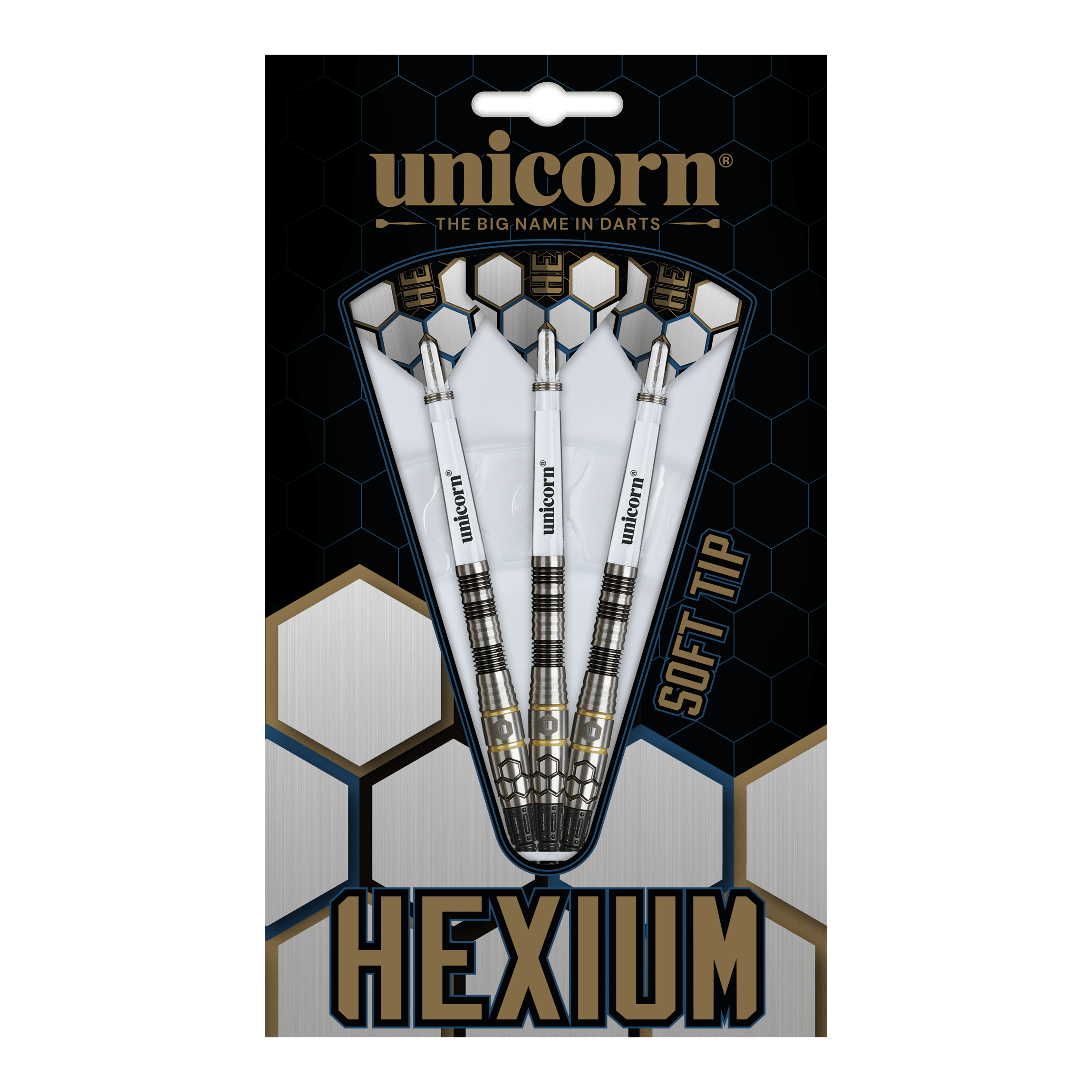 Freccette morbide Unicorn Hexium Style 01 nere e oro - 22 g Abgebildet sind Unicorn Hexium Style 01 Black & Gold Softdarts mit 22 Gramm. Diese Softdarts haben ein auffälliges Schwarz-Gold-Design.