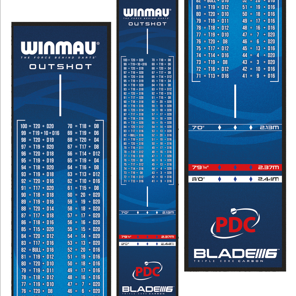 Tappetino per freccette Winmau Outshot Das Bild zeigt die Winmau Outshot Dartmatte 2024 in Blau mit Tabellen für Checkout-Werte beim Dartspiel. Unten auf der Matte sind Markierungen für verschiedene Distanzen und das PDC-Logo zu sehen.