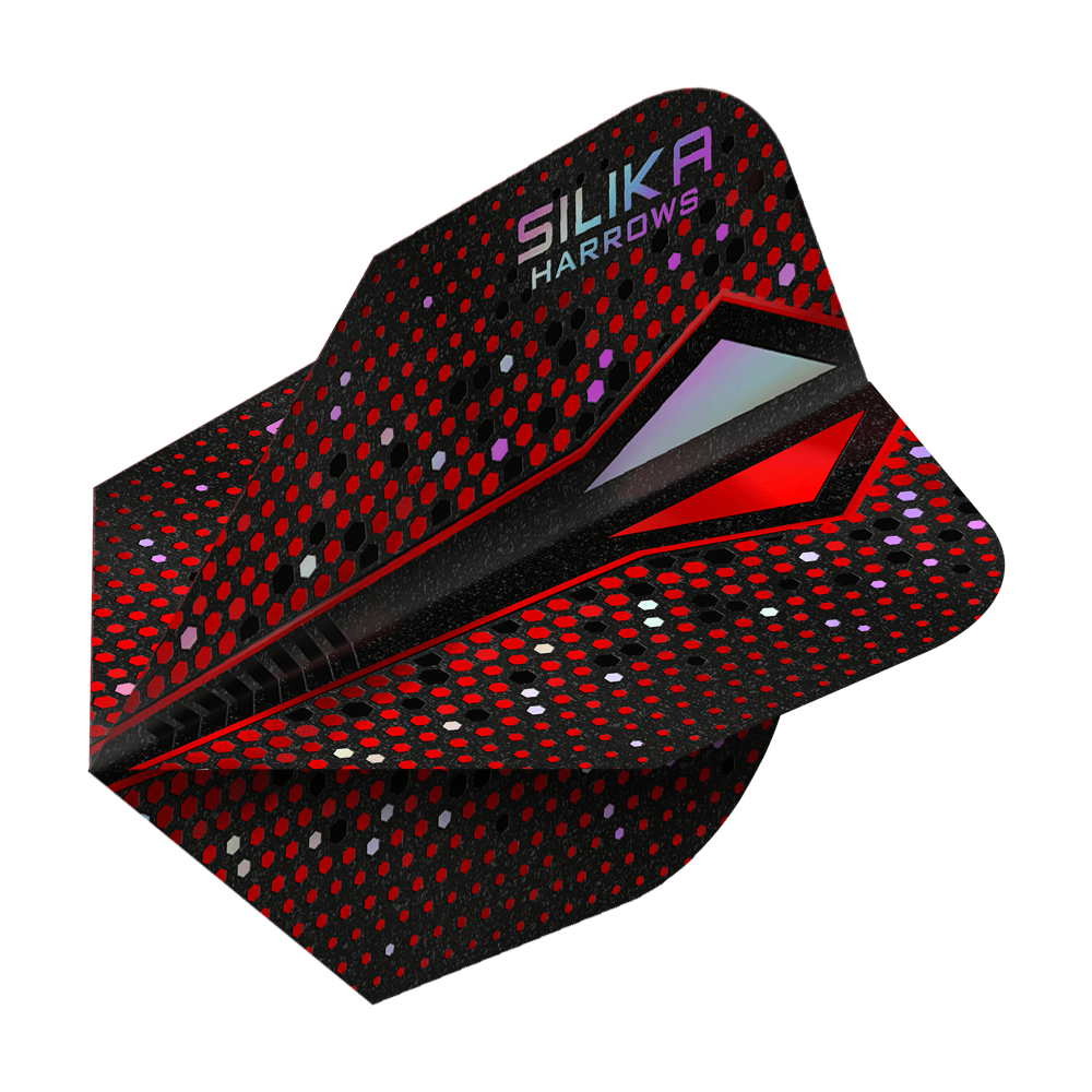 Rivestimento cristallino resistente Harrows Silika Colourshift Red-X No6 Flights Das Bild zeigt das Produkt "Harrows Silika Colourshift Tough Crystalline Coating Red-X No6 Flights". Die Dart-Flights sind überwiegend schwarz mit roten und bunten Punkten und haben einen modernen, glänzenden Look.