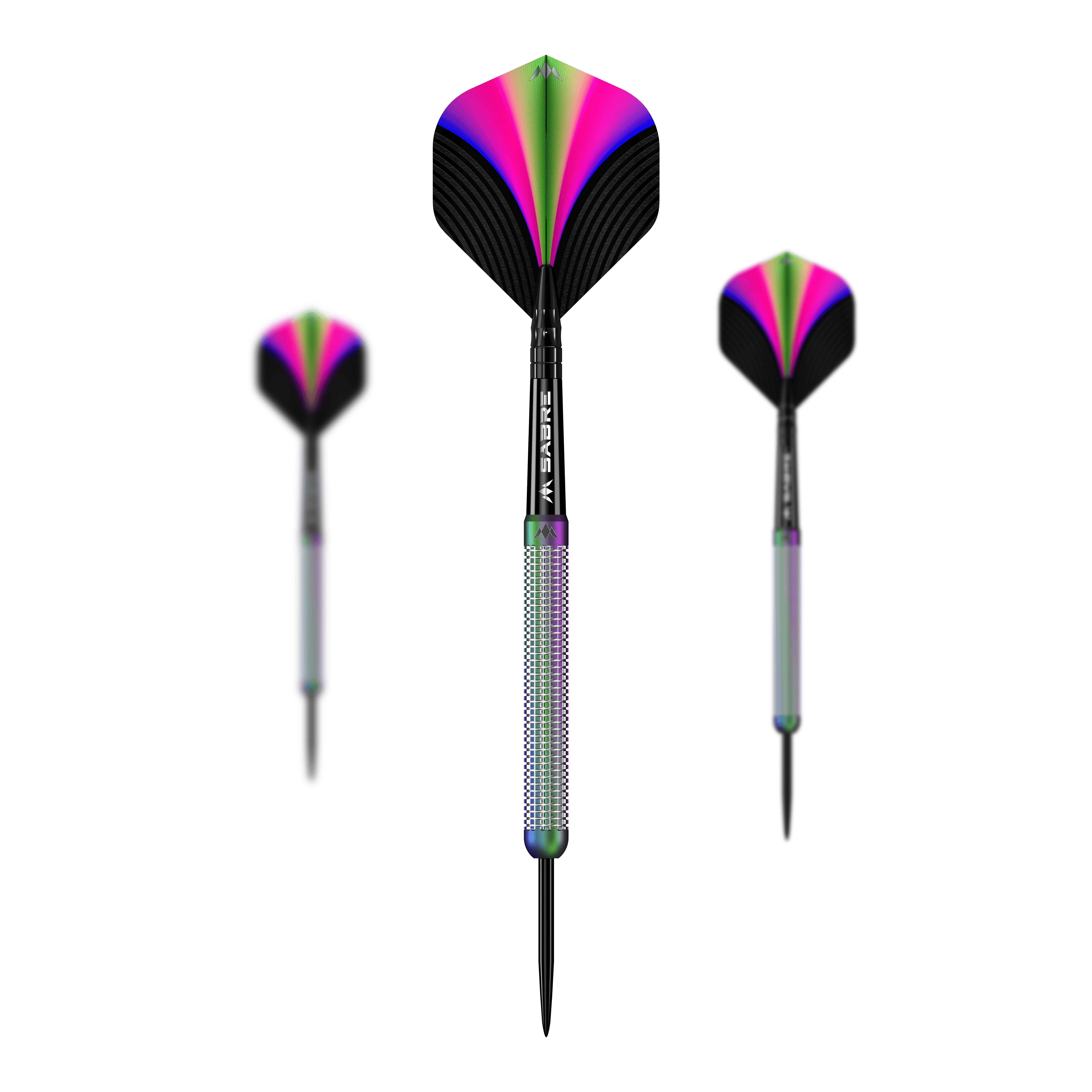 Freccette in acciaio PVD Mission Aurora Coral - 23 g Die Abbildung zeigt die "Mission Aurora Coral PVD Steeldarts - 23g". Die Darts haben ein farbenfrohes Design in Pink, Grün und Schwarz mit einem glänzenden Griff.